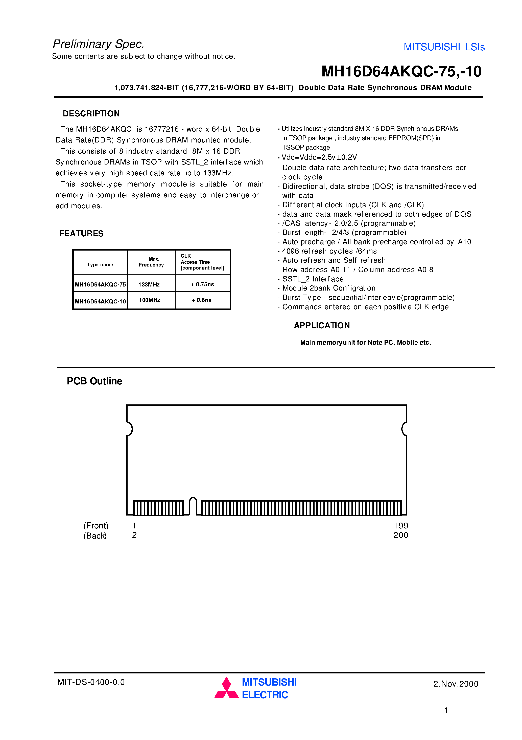 Datasheet MH16D64AKQC-10 - 1 /073 /741 /824-BIT (16 /777 /216-WORD BY 64-BIT) Double Data Rate Synchronous DRAM Module page 1