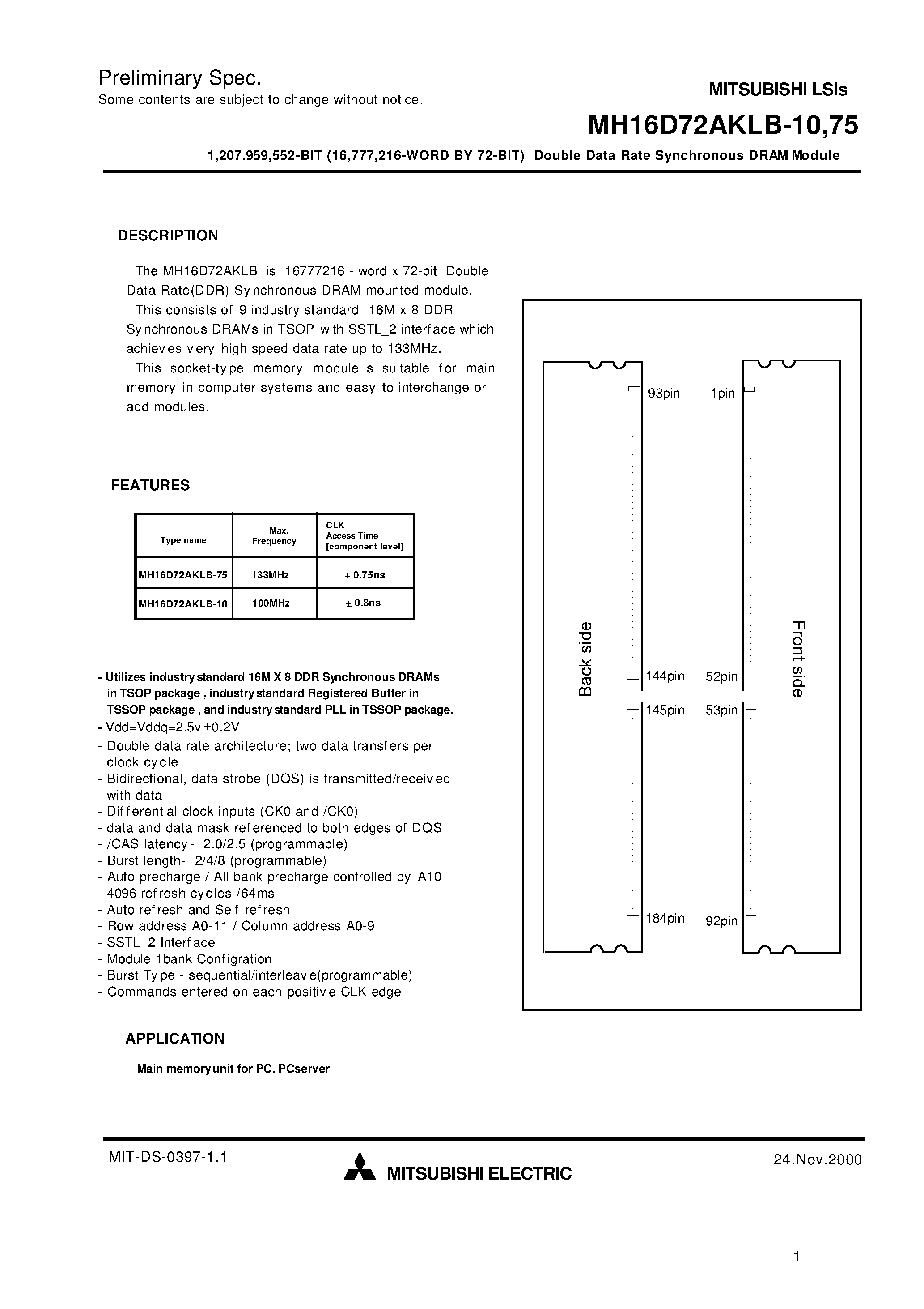 Даташит MH16D72AKLB-10 - 1 /207.959 /552-BIT (16 /777 /216-WORD BY 72-BIT) Double Data Rate Synchronous DRAM Module страница 1