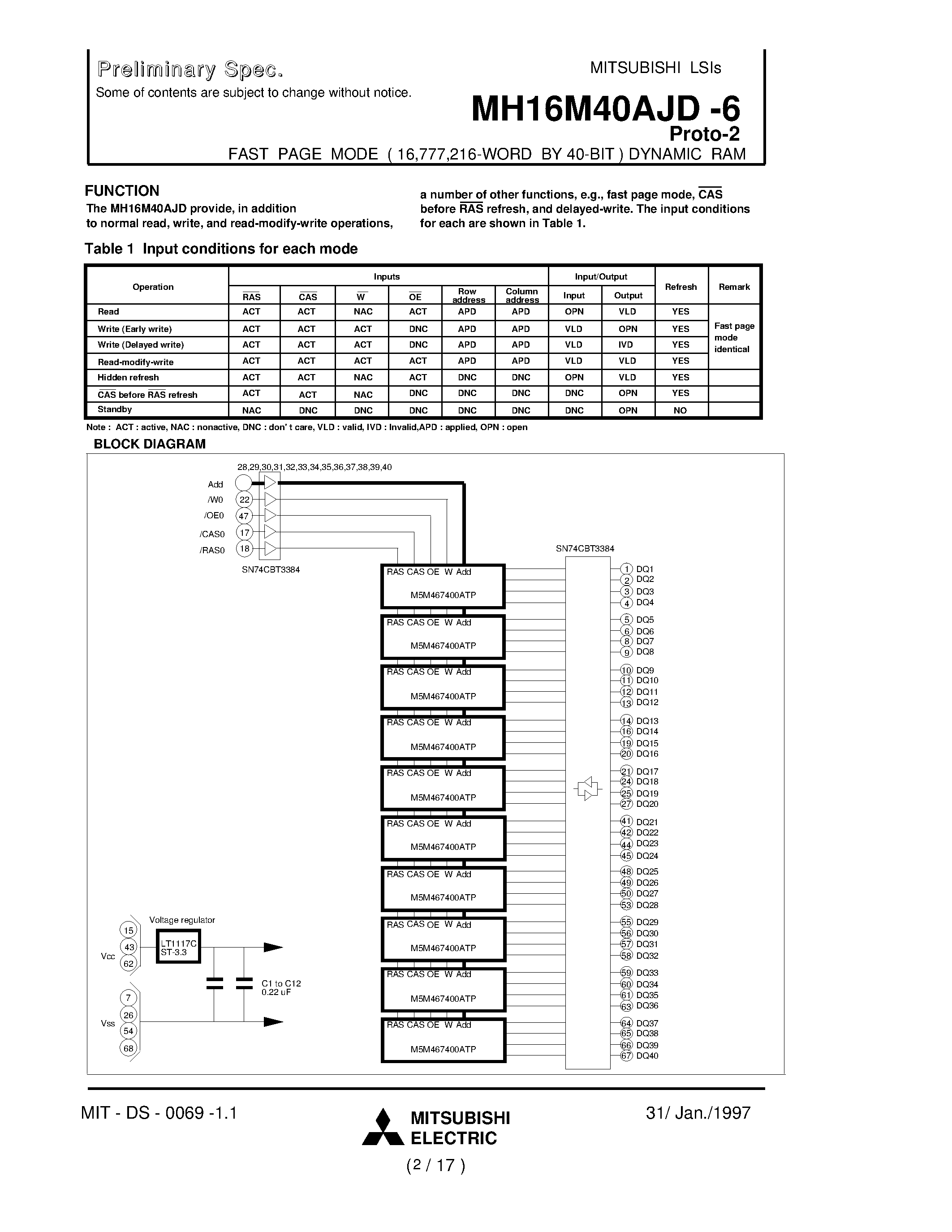 Datasheet MH16M40AJD-6 page 2 Datasheet MH16M40AJD-6 - FAST PAGE MODE ( 16 /777 /216-WORD BY 40-BIT ) DYNAMIC RAM page 2