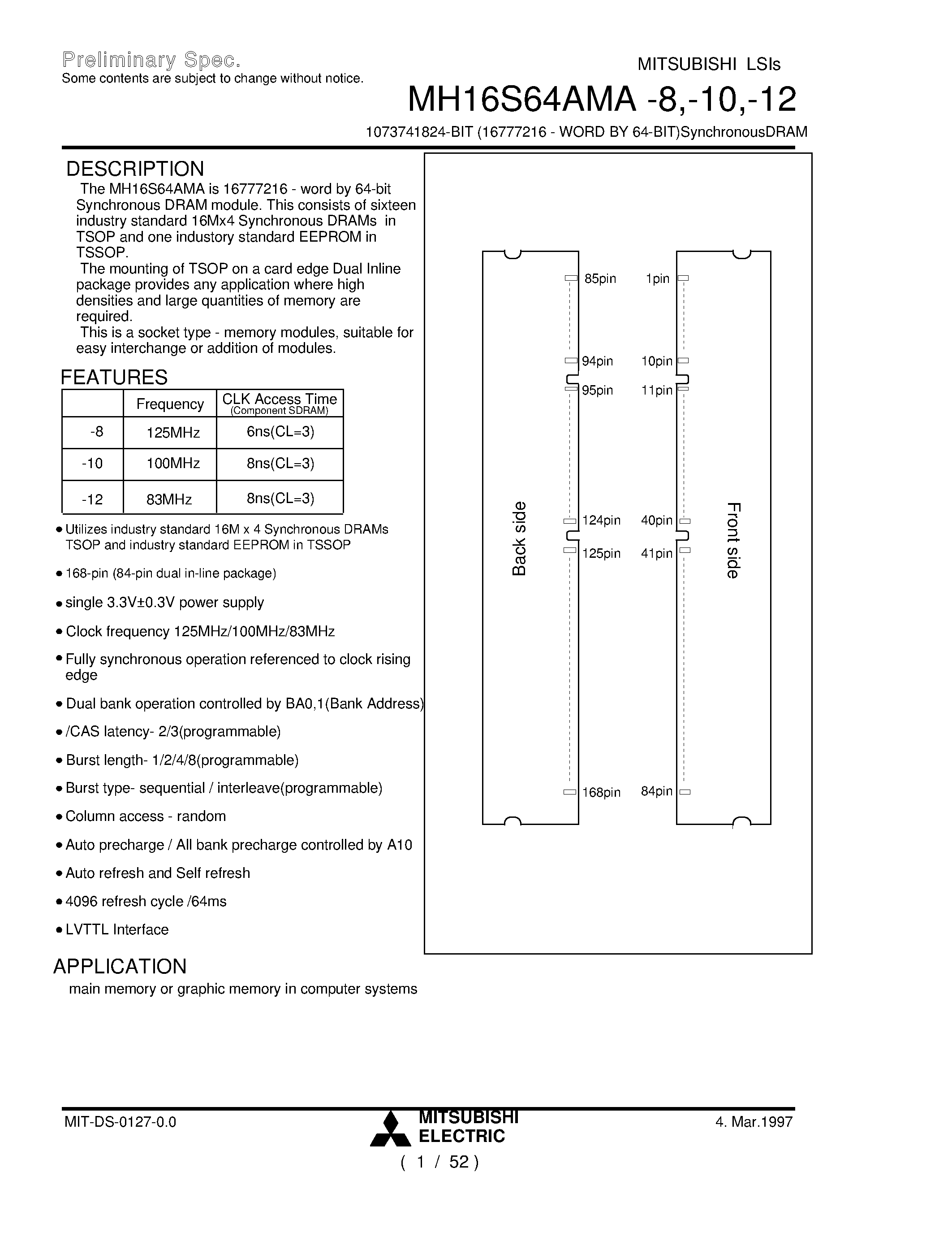 Datasheet MH16S64AMA-8 - 1073741824-BIT (16777216 - WORD BY 64-BIT)SynchronousDRAM page 1