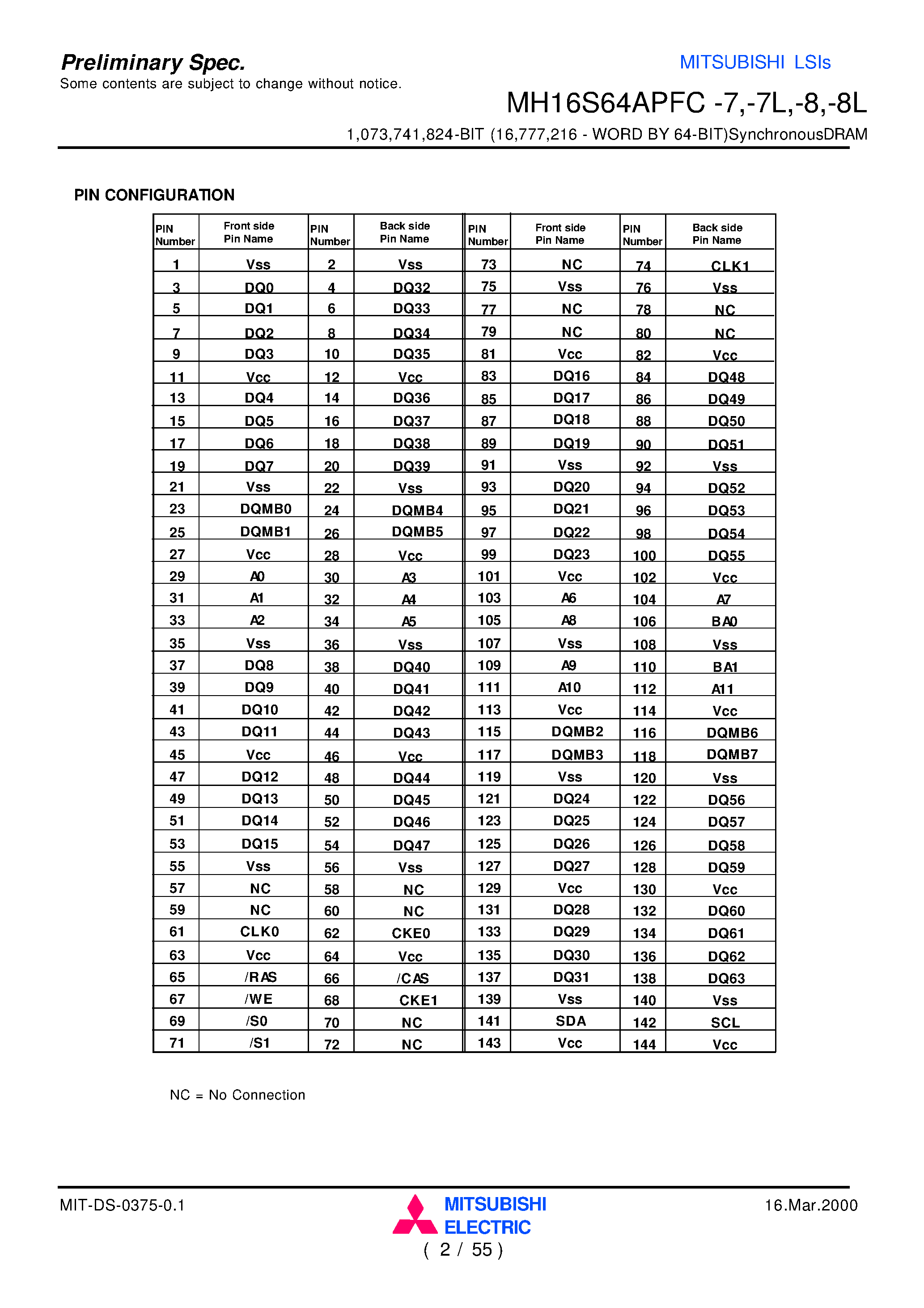 Datasheet MH16S64APFC-8L - 1 /073 /741 /824-BIT (16 /777 /216 - WORD BY 64-BIT)SynchronousDRAM page 2