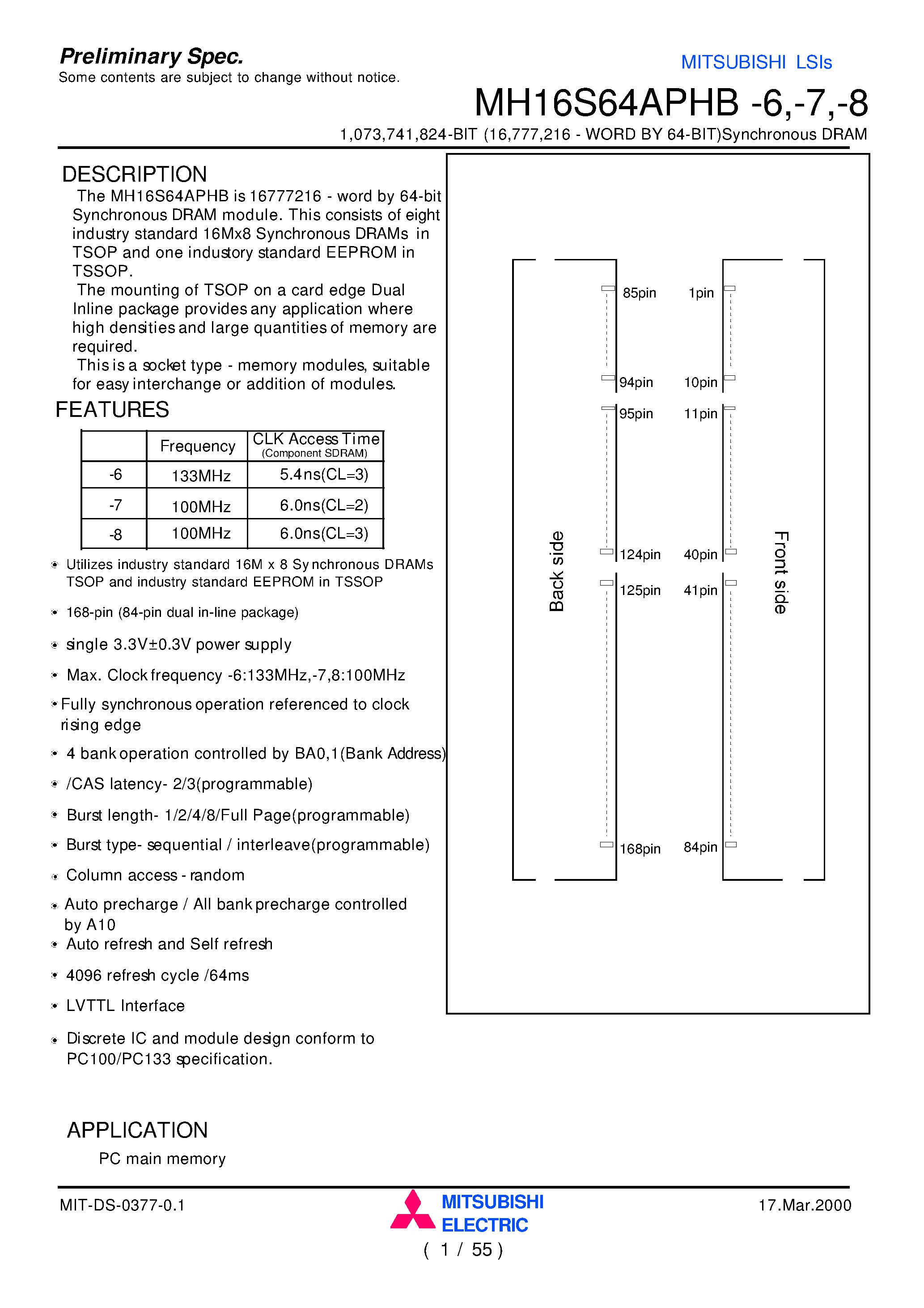 Datasheet MH16S64APHB-8 - 1 /073 /741 /824-BIT (16 /777 /216 - WORD BY 64-BIT)Synchronous DRAM page 1