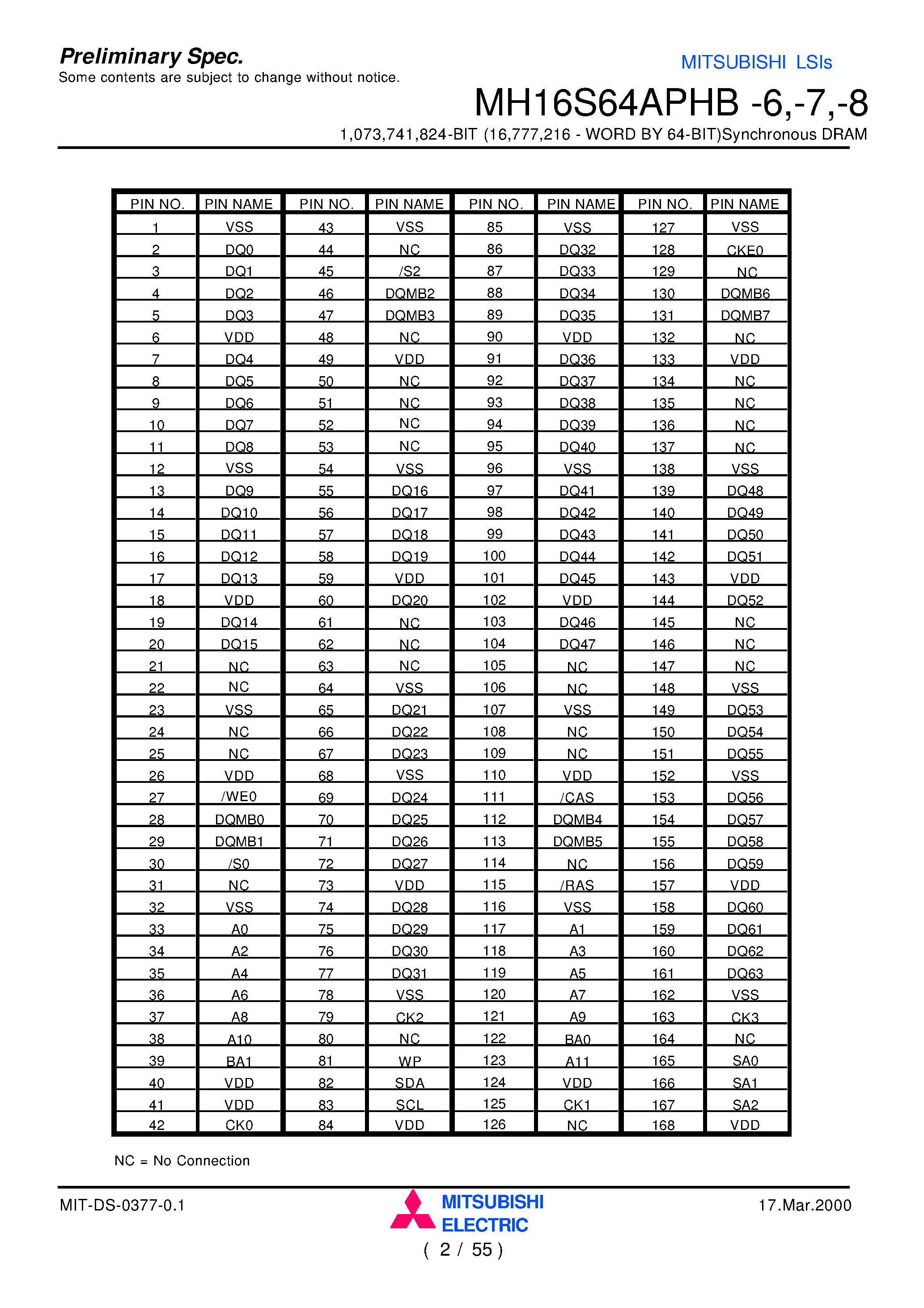 Datasheet MH16S64APHB-8 - 1 /073 /741 /824-BIT (16 /777 /216 - WORD BY 64-BIT)Synchronous DRAM page 2