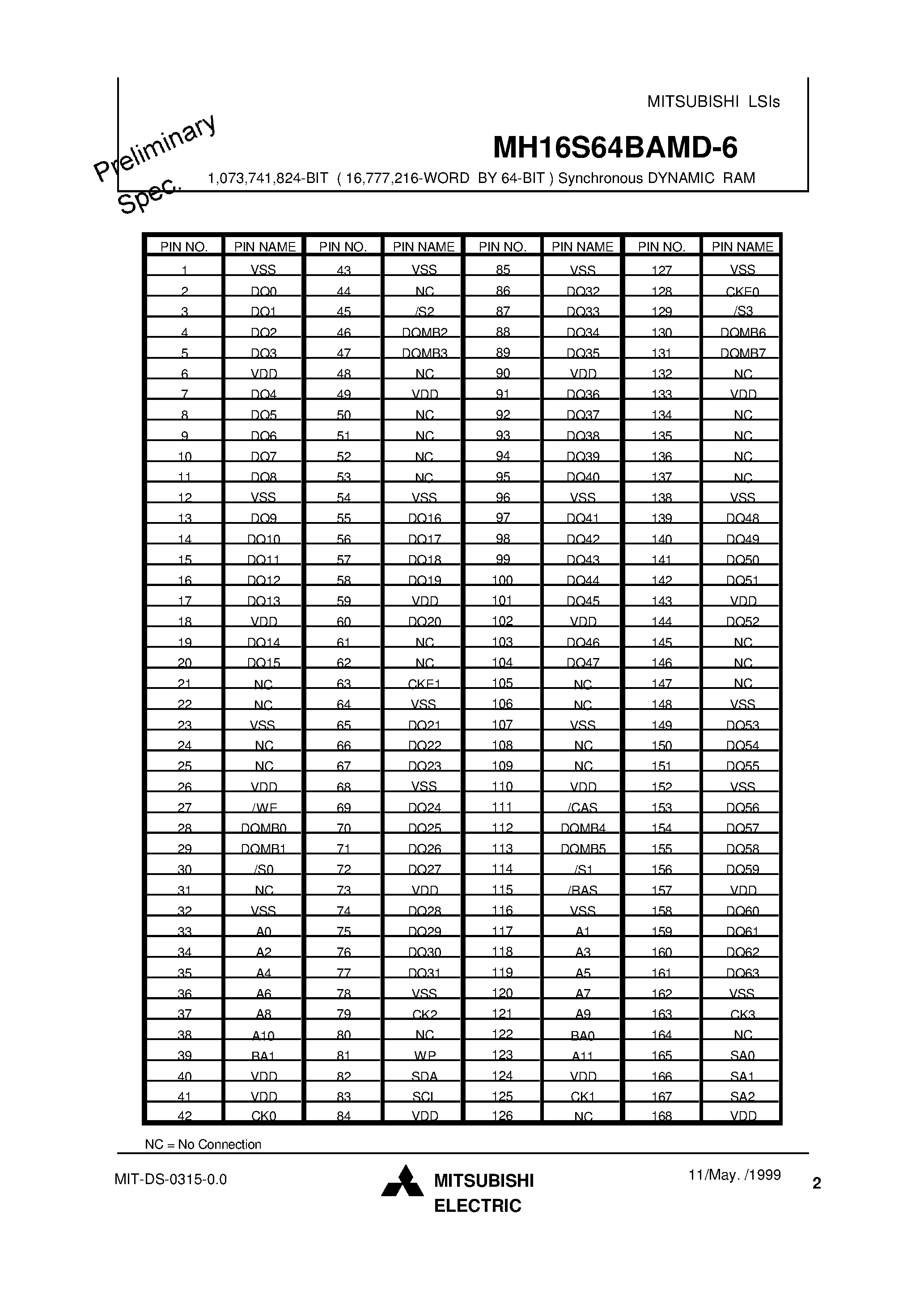 Datasheet MH16S64BAMD-6 - 1 /073 /741 /824-BIT ( 16 /777 /216-WORD BY 64-BIT ) Synchronous DYNAMIC RAM page 2