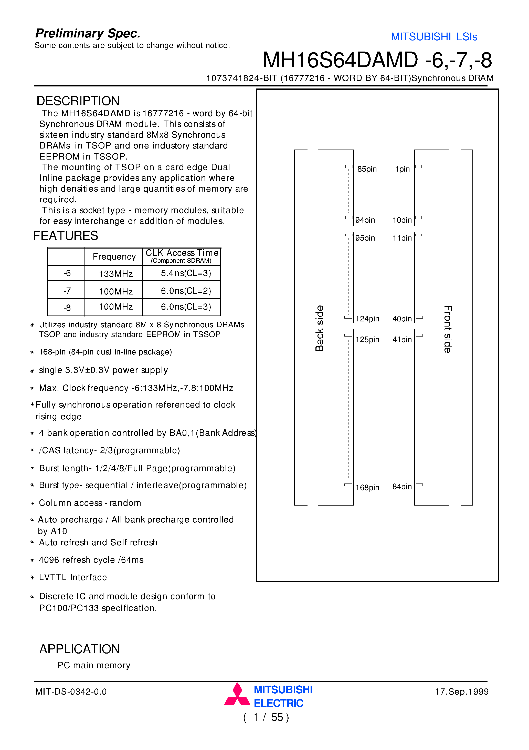 Даташит MH16S64DAMD-8 - 1073741824-BIT (16777216 - WORD BY 64-BIT)Synchronous DRAM страница 1