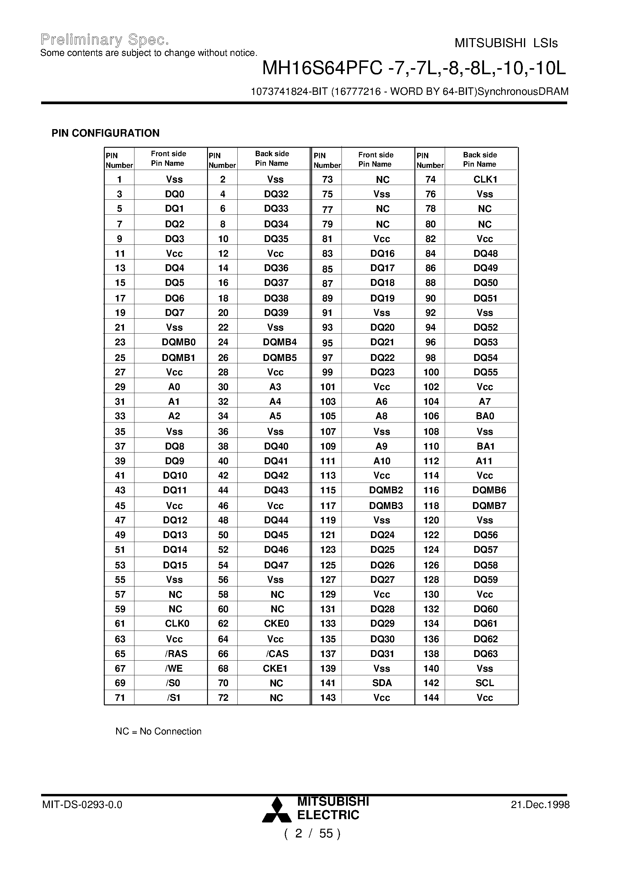 Datasheet MH16S64PFC-7 - 1073741824-BIT (16777216 - WORD BY 64-BIT)SynchronousDRAM page 2