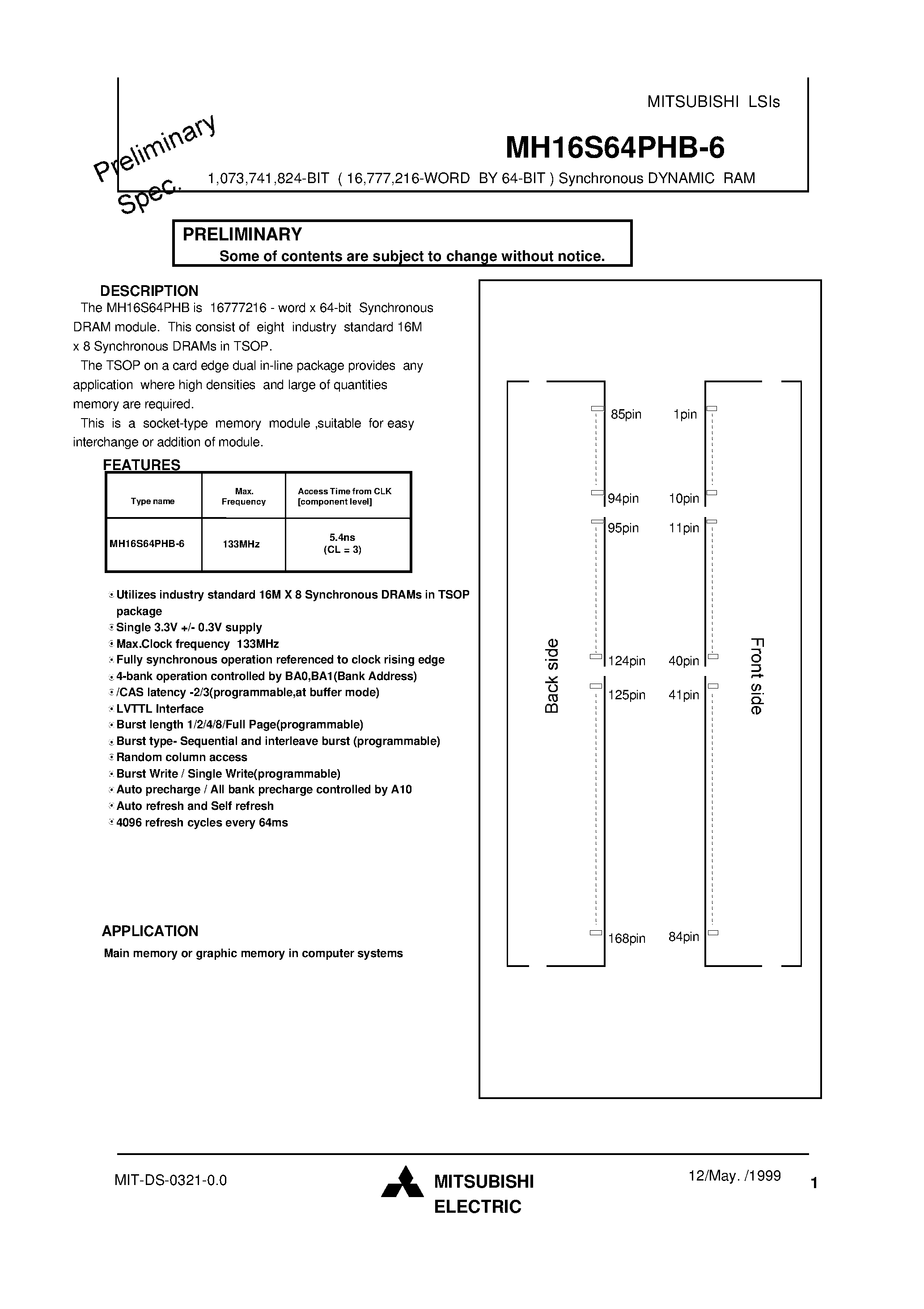 Datasheet MH16S64PHB-6 - 1 /073 /741 /824-BIT ( 16 /777 /216-WORD BY 64-BIT ) Synchronous DYNAMIC RAM page 1