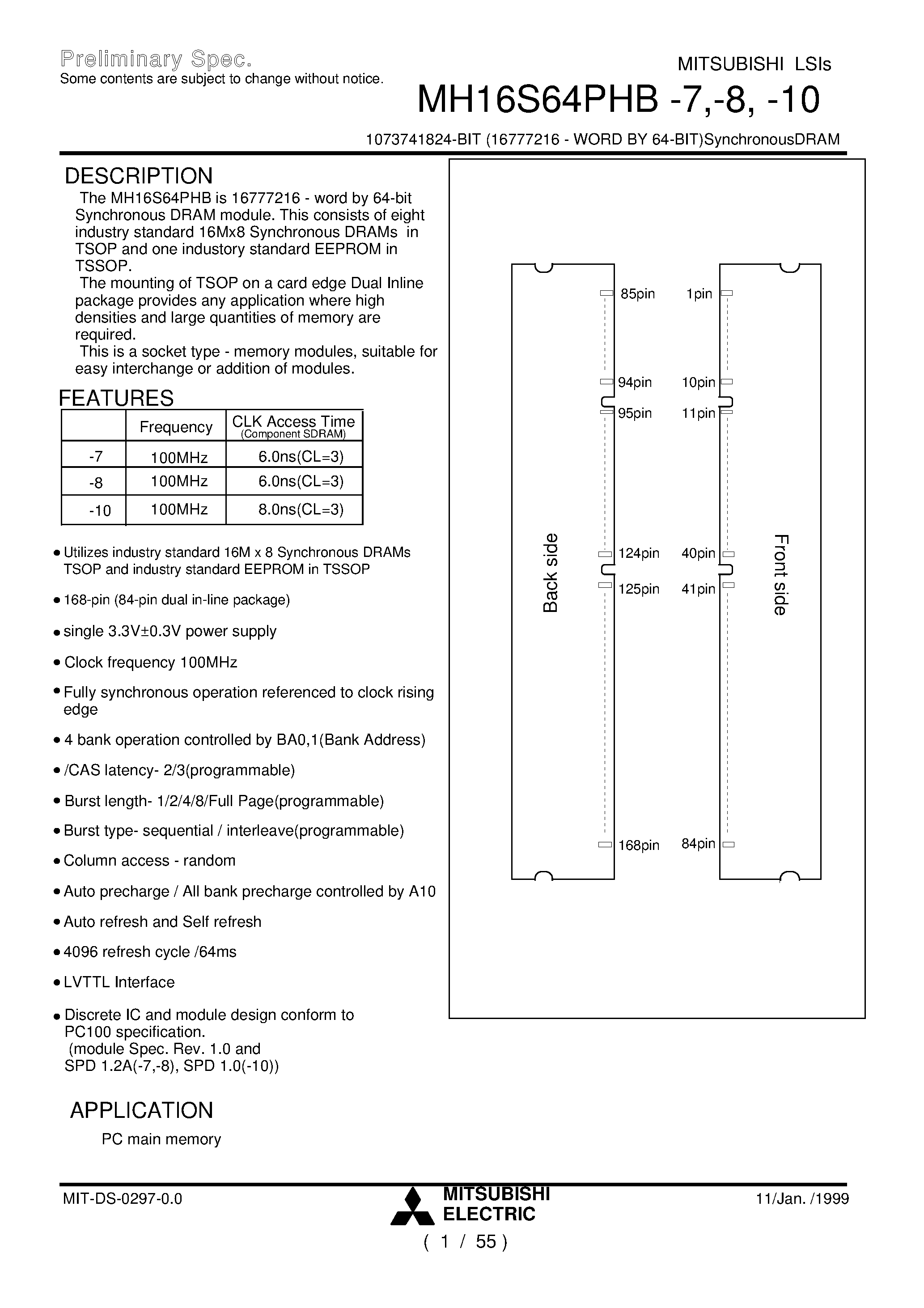 Datasheet MH16S64PHB-7 - 1073741824-BIT (16777216 - WORD BY 64-BIT)SynchronousDRAM page 1