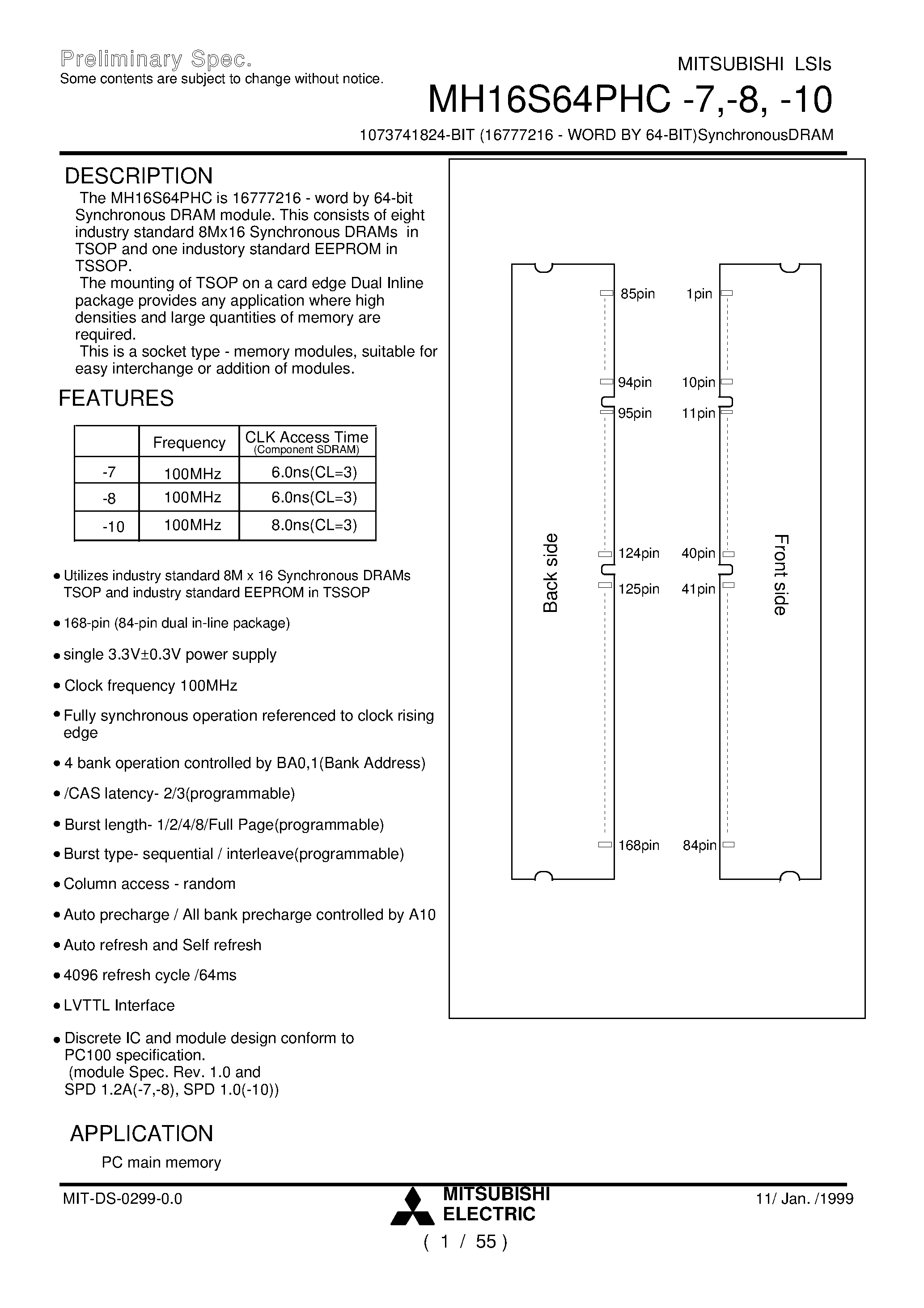 Даташит MH16S64PHC-8 - 1073741824-BIT (16777216 - WORD BY 64-BIT)SynchronousDRAM страница 1