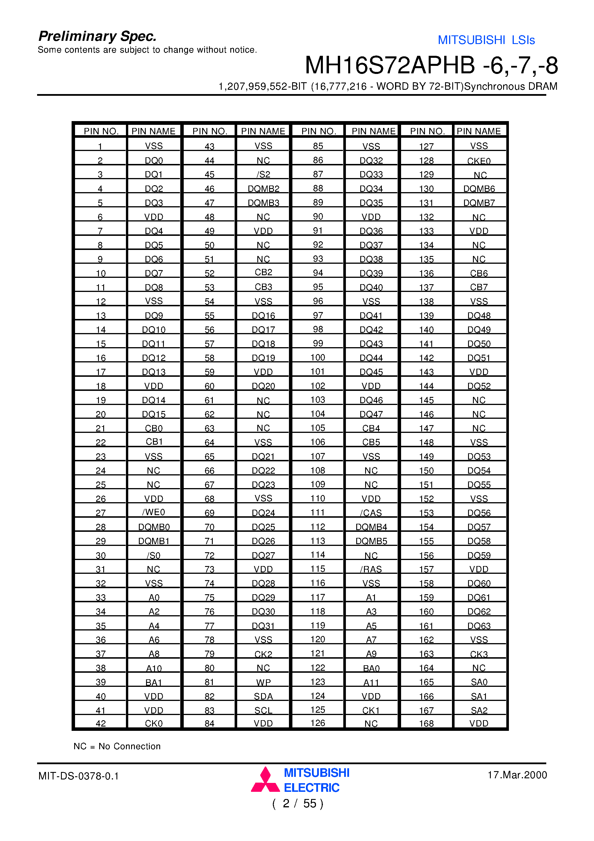 Datasheet MH16S72APHB-7 - 1 /207 /959 /552-BIT (16 /777 /216 - WORD BY 72-BIT)Synchronous DRAM page 2