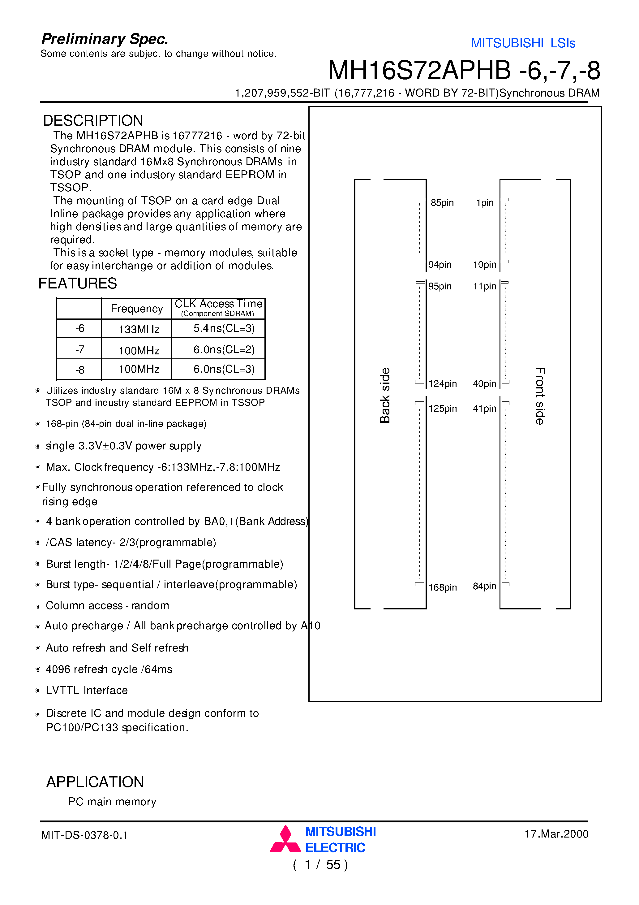 Даташит MH16S72APHB-8 - 1 /207 /959 /552-BIT (16 /777 /216 - WORD BY 72-BIT)Synchronous DRAM страница 1