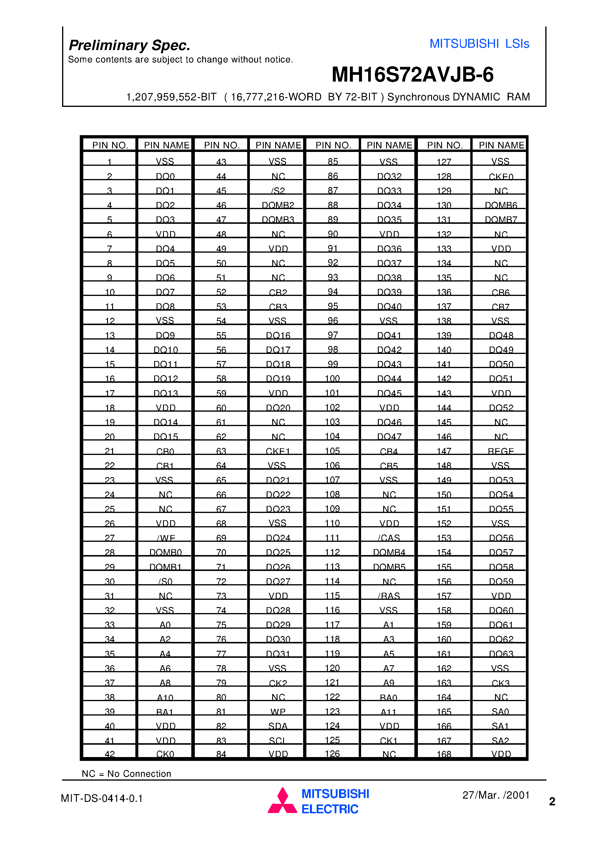 Datasheet MH16S72AVJB-6 page 2 Datasheet MH16S72AVJB-6 - 1 /207 /959 /552-BIT ( 16 /777 /216-WORD BY 72-BIT ) Synchronous DYNAMIC RAM page 2
