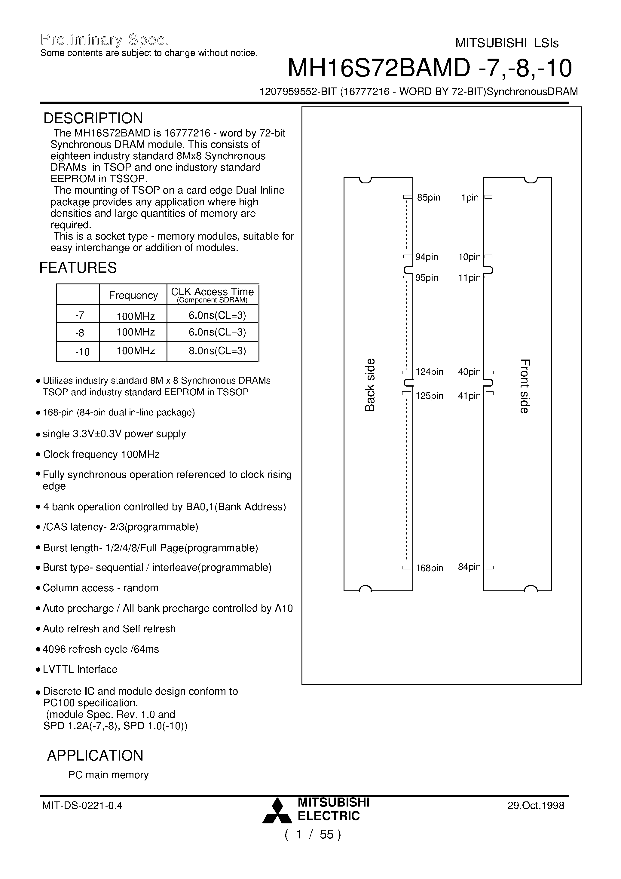 Datasheet MH16S72BAMD-7 - 1207959552-BIT (16777216 - WORD BY 72-BIT)SynchronousDRAM page 1