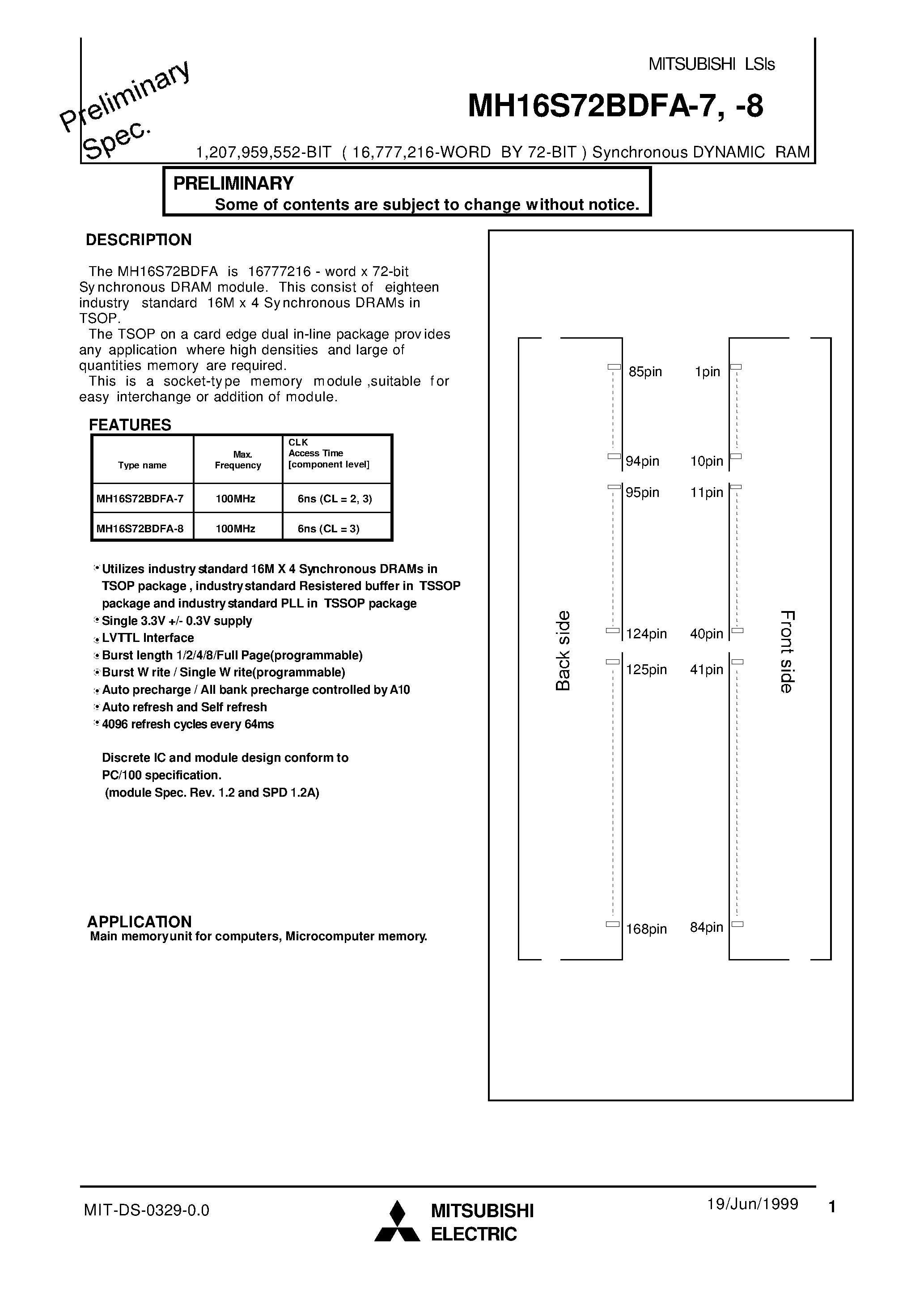 Даташит MH16S72BDFA-8 - 1 /207 /959 /552-BIT ( 16 /777 /216-WORD BY 72-BIT ) Synchronous DYNAMIC RAM страница 1