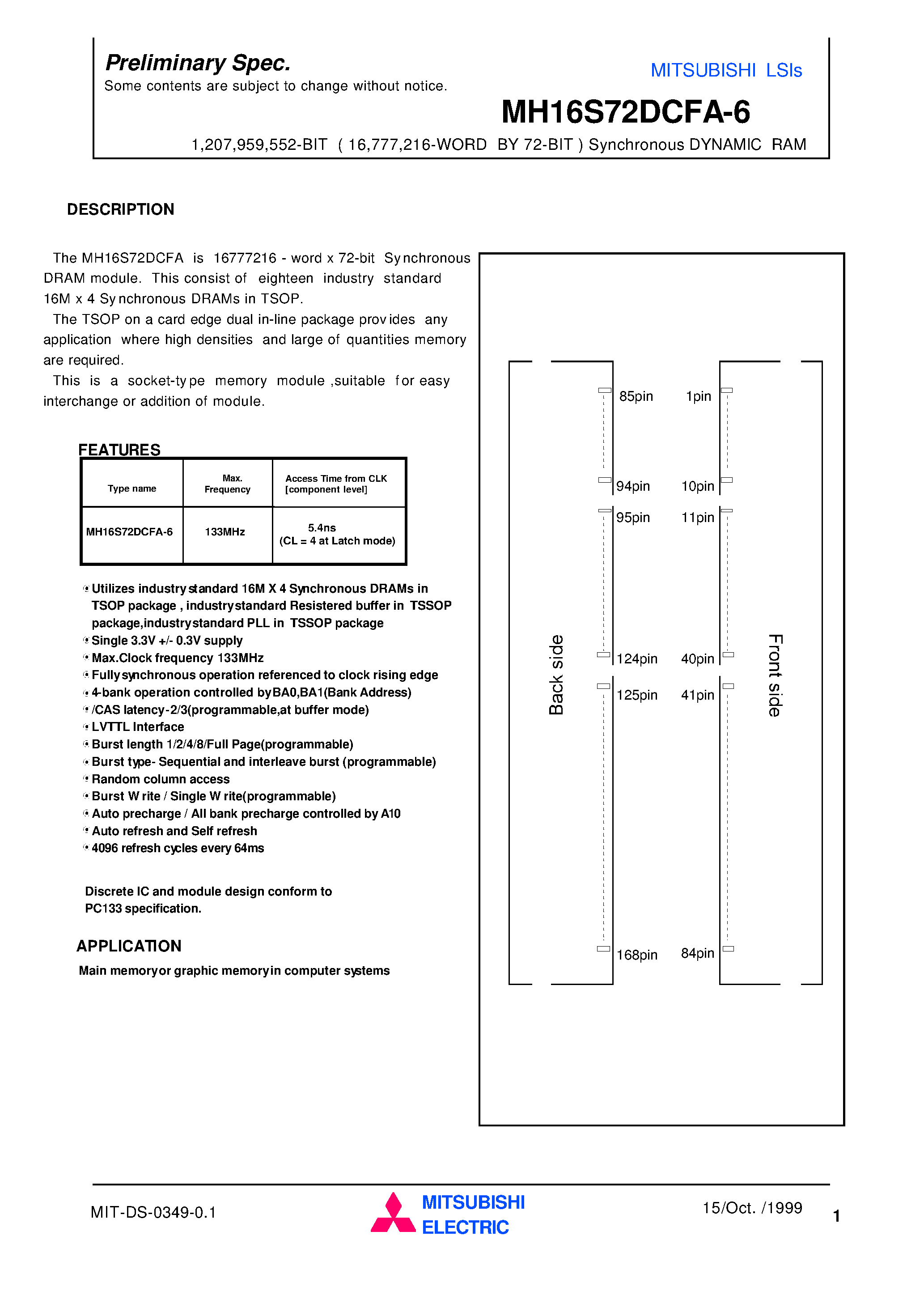 Datasheet MH16S72DCFA-6 - 1 /207 /959 /552-BIT ( 16 /777 /216-WORD BY 72-BIT ) Synchronous DYNAMIC RAM page 1