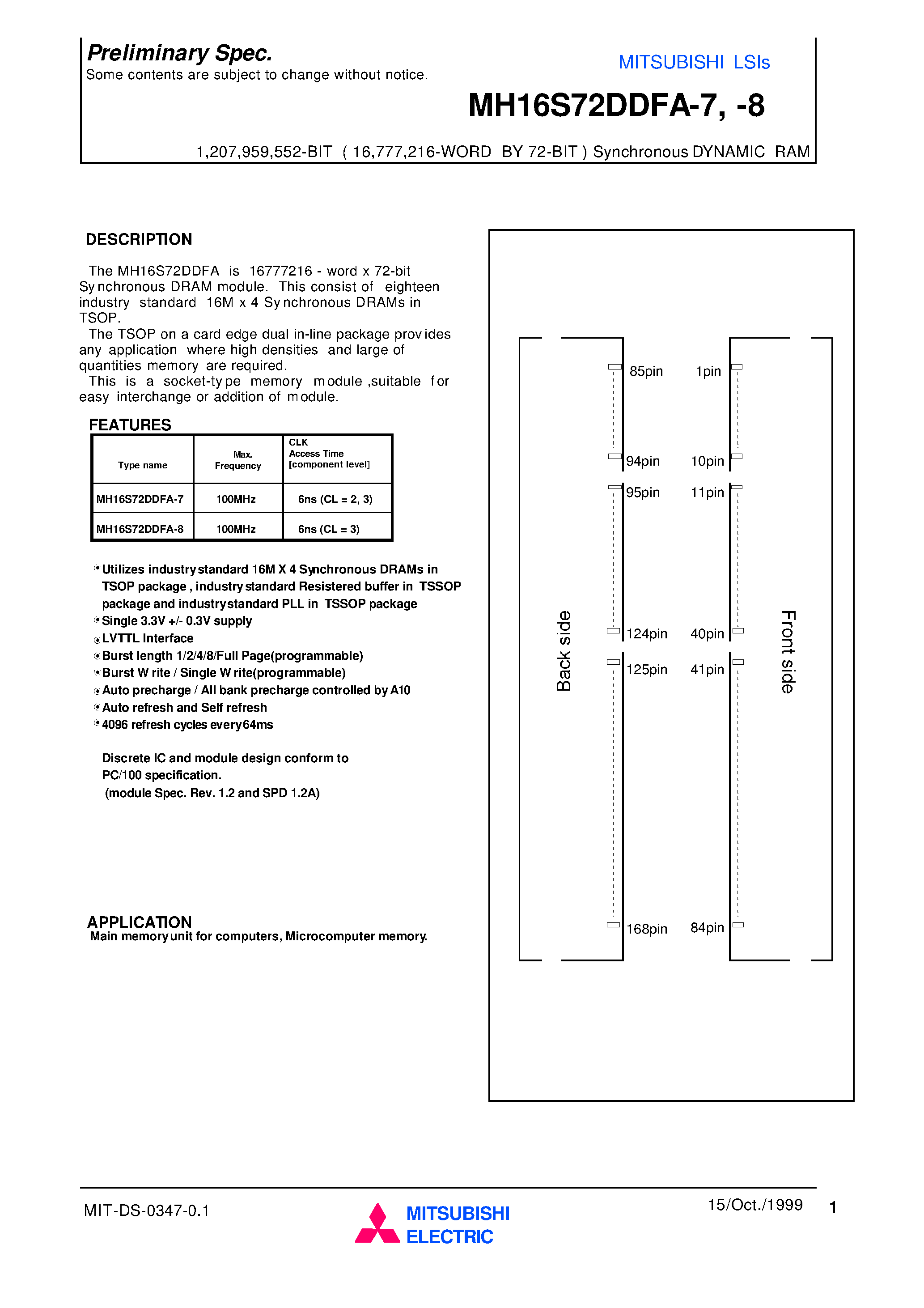 Datasheet MH16S72DDFA-8 - 1 /207 /959 /552-BIT ( 16 /777 /216-WORD BY 72-BIT ) Synchronous DYNAMIC RAM page 1