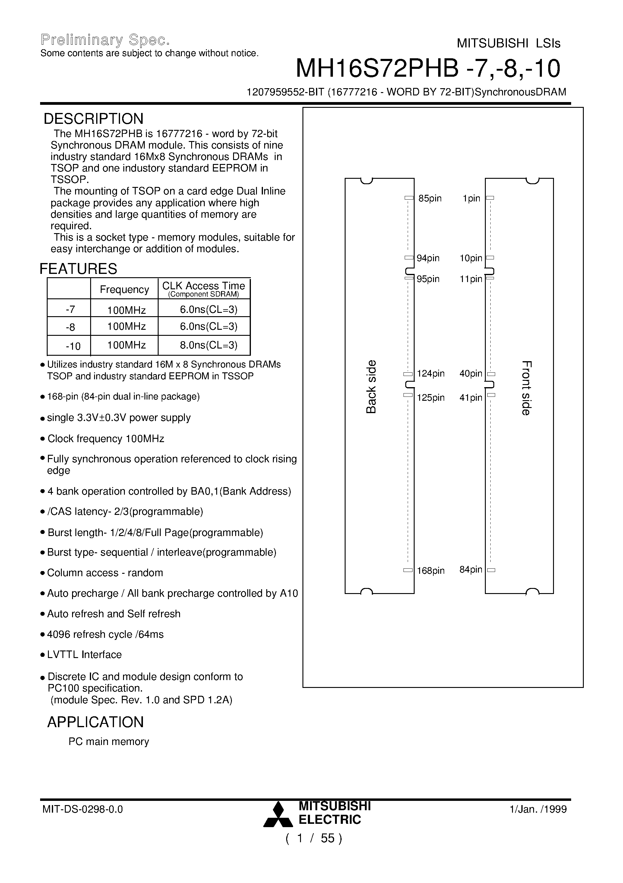 Даташит MH16S72PHB-8 - 1207959552-BIT (16777216 - WORD BY 72-BIT)SynchronousDRAM страница 1