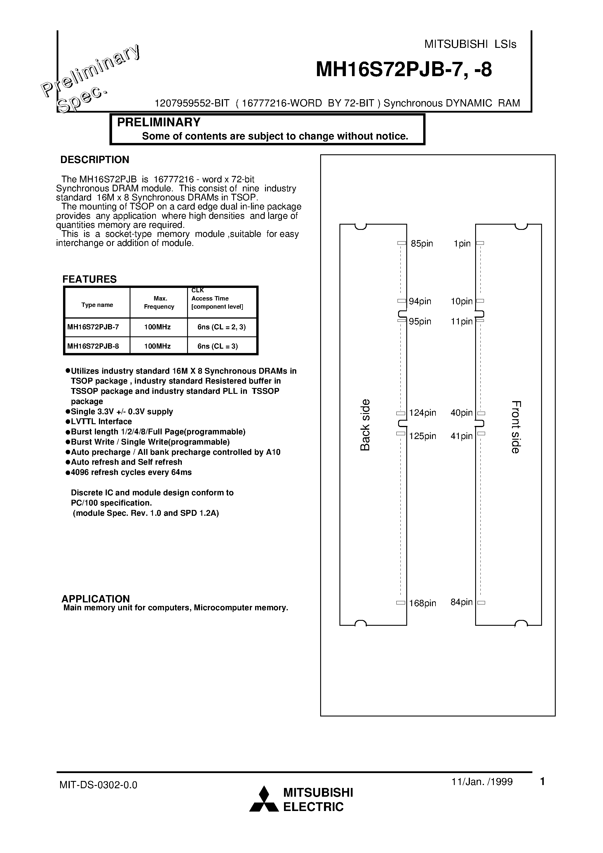 Даташит MH16S72PJB-8 - 1207959552-BIT ( 16777216-WORD BY 72-BIT ) Synchronous DYNAMIC RAM страница 1