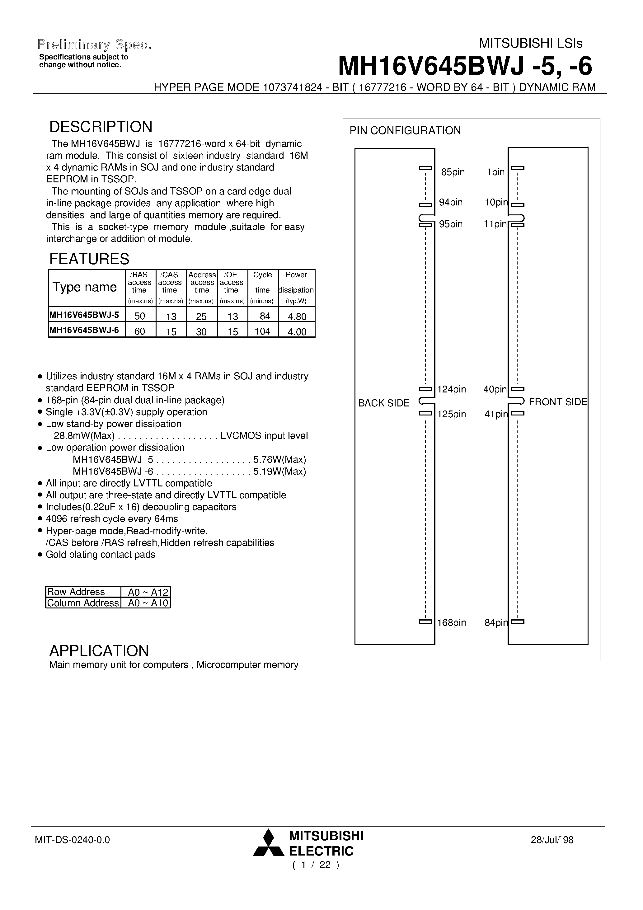 Datasheet MH16V645BWJ-5 - HYPER PAGE MODE 1073741824 - BIT ( 16777216 - WORD BY 64 - BIT ) DYNAMIC RAM page 1