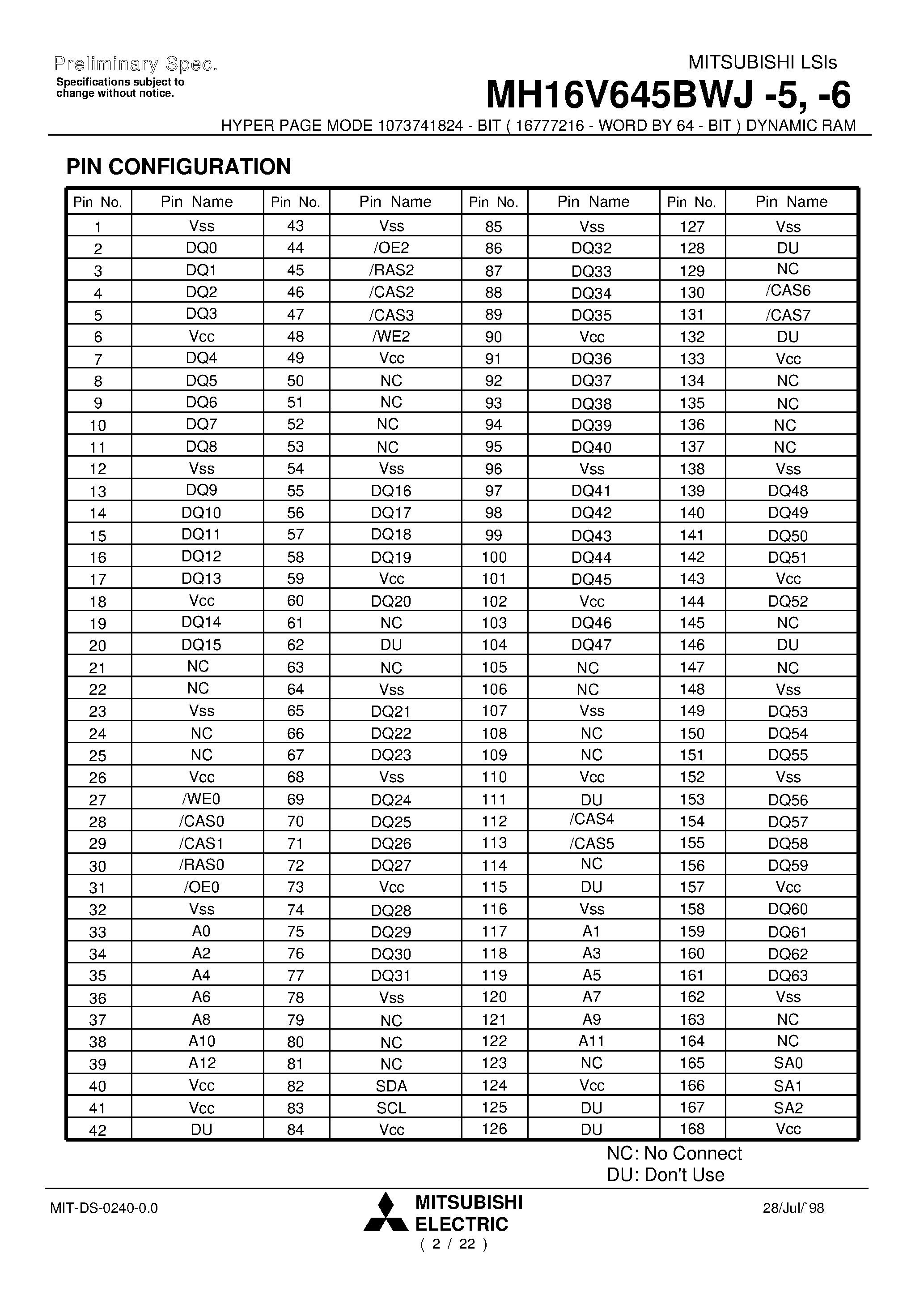 Datasheet MH16V645BWJ-5 - HYPER PAGE MODE 1073741824 - BIT ( 16777216 - WORD BY 64 - BIT ) DYNAMIC RAM page 2