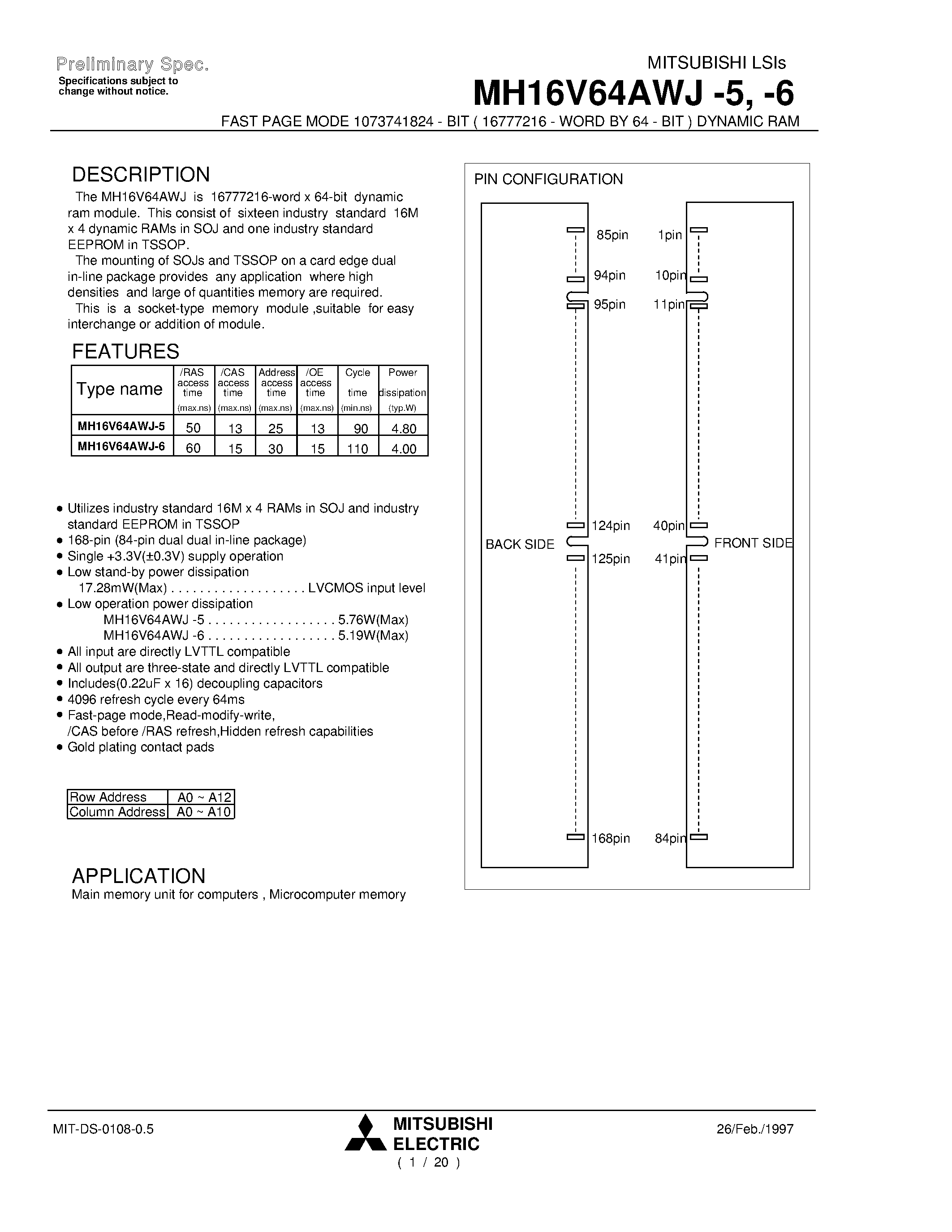 Datasheet MH16V64AWJ-5 - FAST PAGE MODE 1073741824 - BIT ( 16777216 - WORD BY 64 - BIT ) DYNAMIC RAM page 1