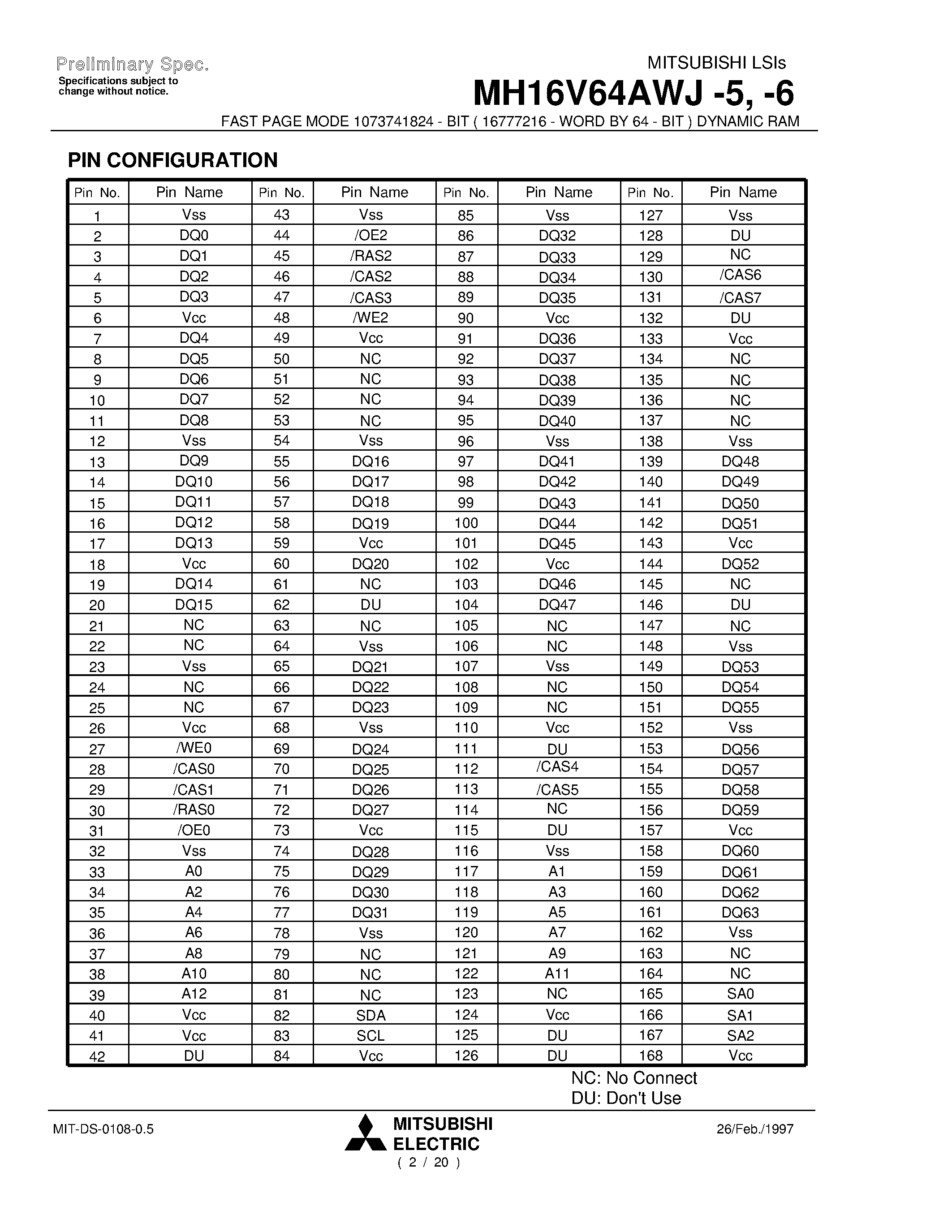 Datasheet MH16V64AWJ-6 - FAST PAGE MODE 1073741824 - BIT ( 16777216 - WORD BY 64 - BIT ) DYNAMIC RAM page 2