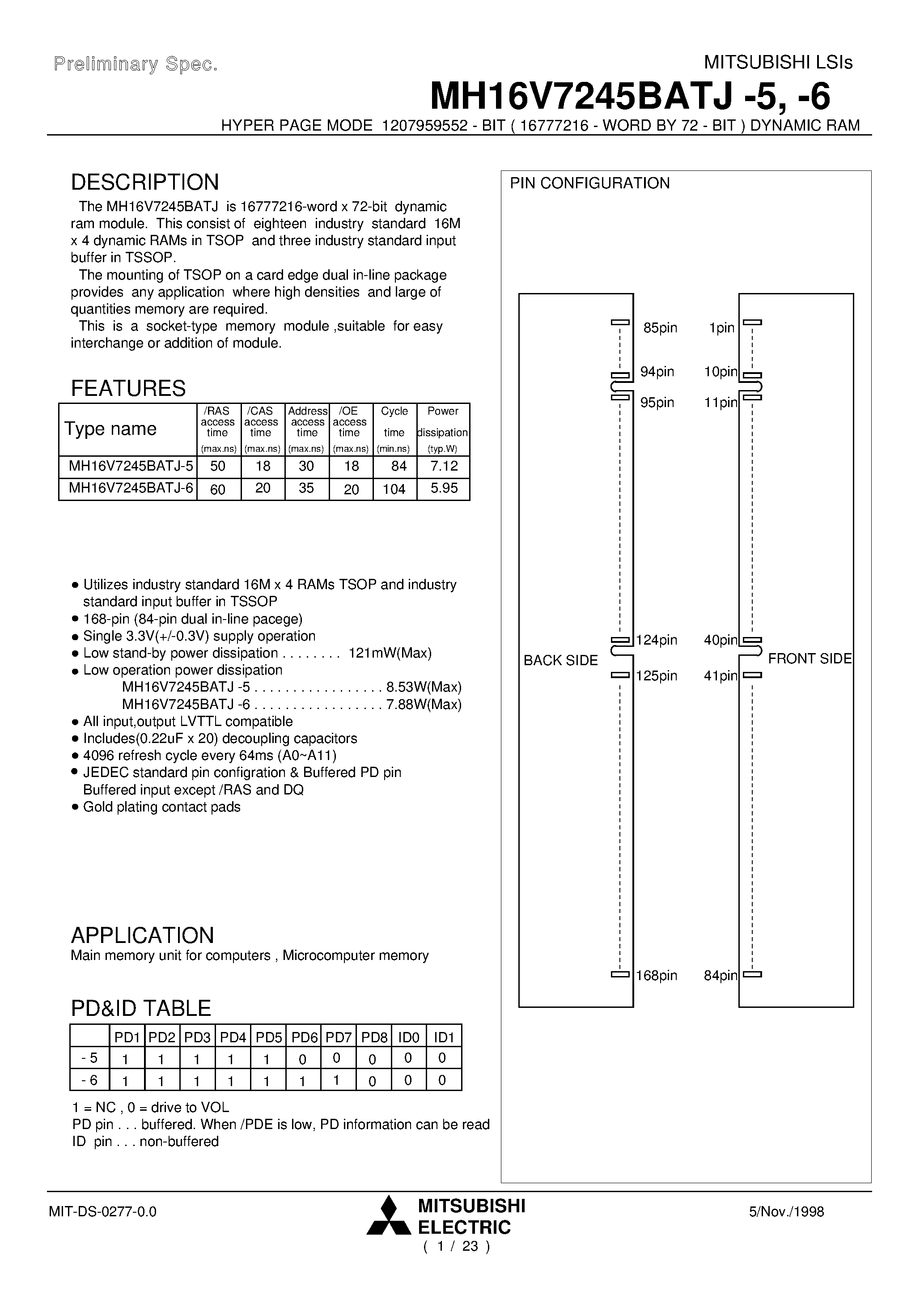 Datasheet MH16V7245BATJ-5 - HYPER PAGE MODE 1207959552 - BIT ( 16777216 - WORD BY 72 - BIT ) DYNAMIC RAM page 1