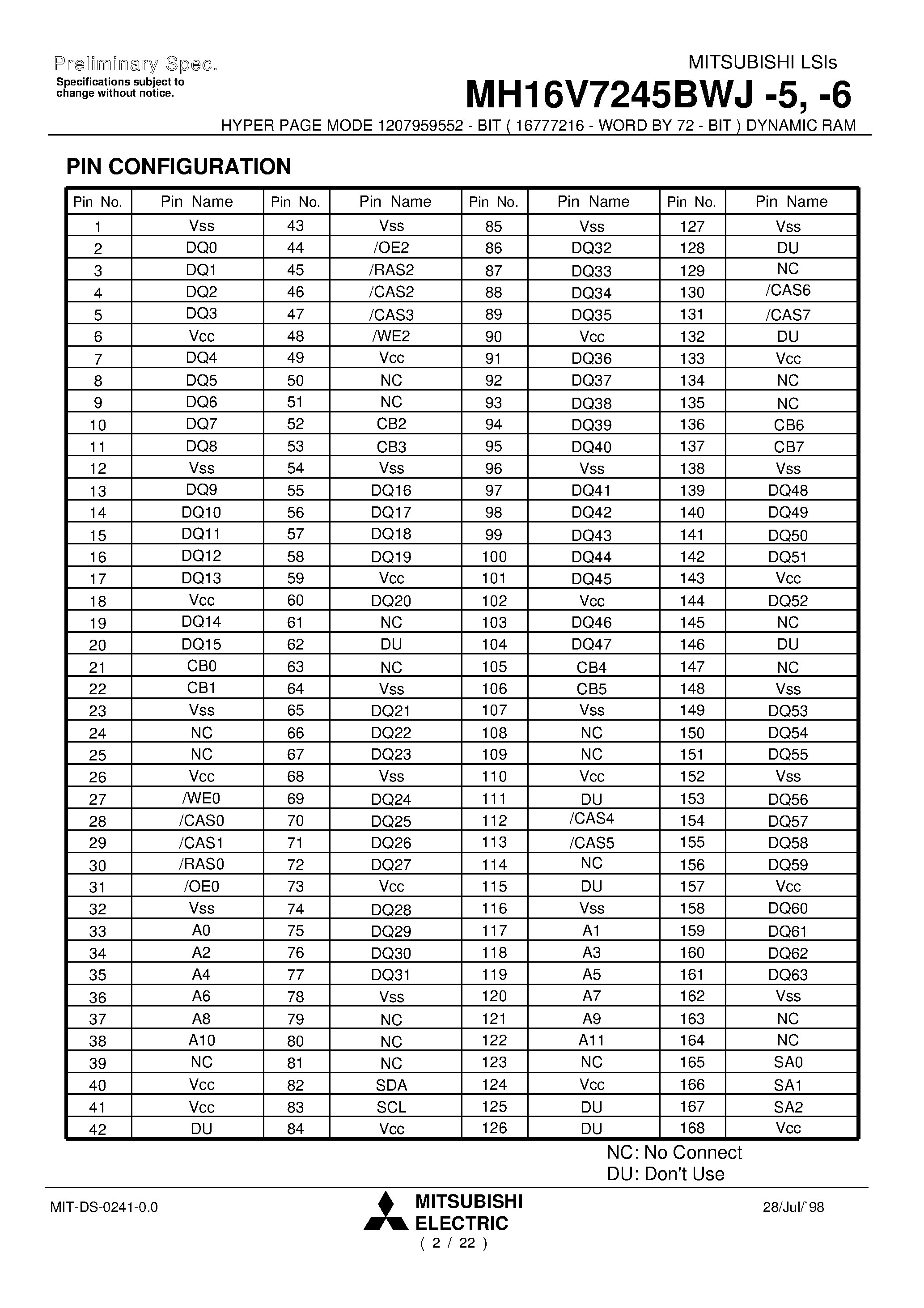 Datasheet MH16V7245BWJ-5 - HYPER PAGE MODE 1207959552 - BIT ( 16777216 - WORD BY 72 - BIT ) DYNAMIC RAM page 2