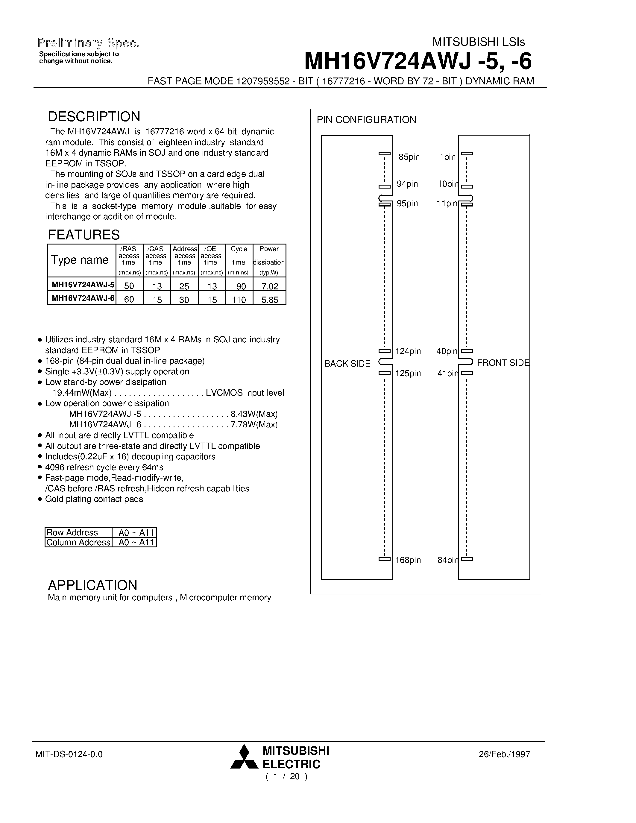 Datasheet MH16V724AWJ-6 - FAST PAGE MODE 1207959552 - BIT ( 16777216 - WORD BY 72 - BIT ) DYNAMIC RAM page 1
