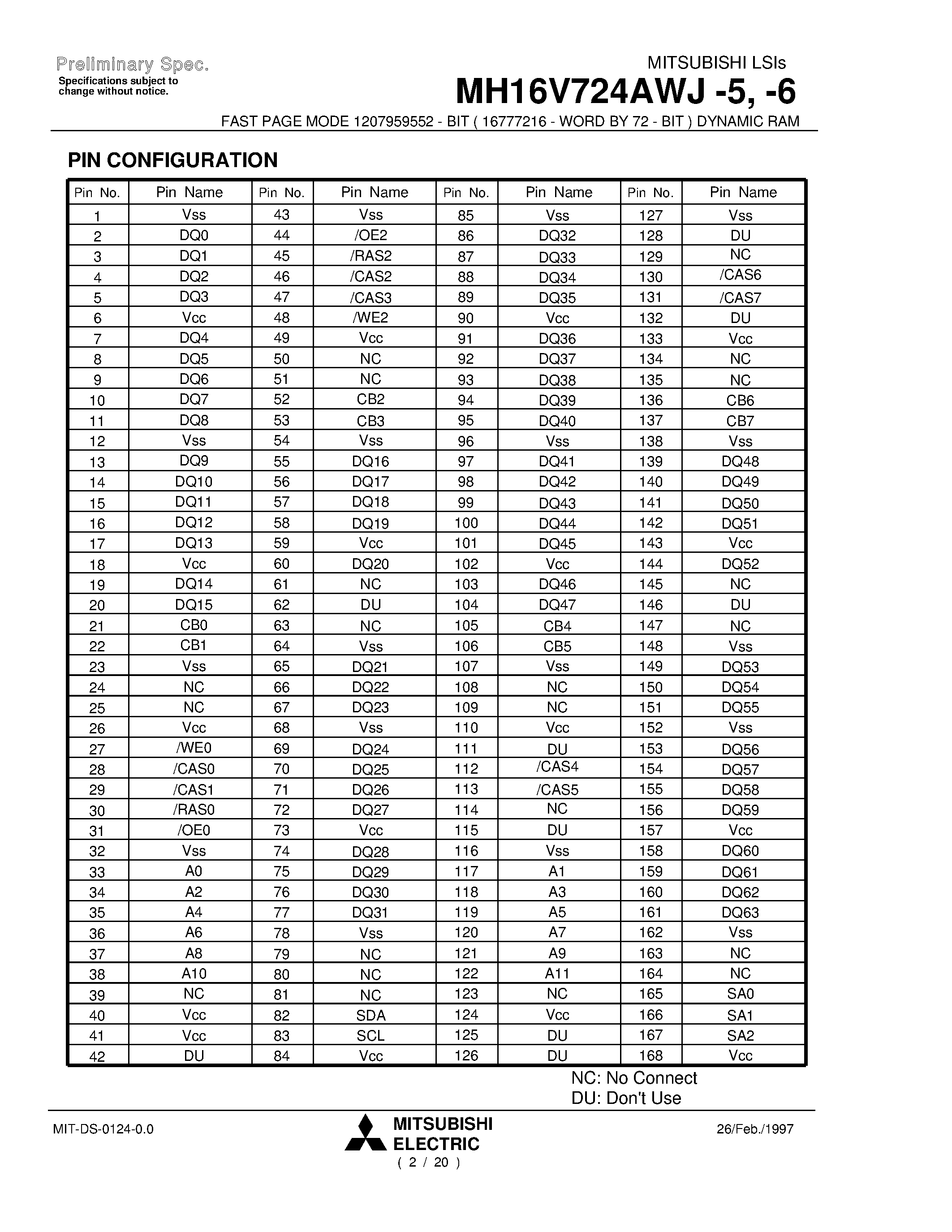 Datasheet MH16V724AWJ-6 - FAST PAGE MODE 1207959552 - BIT ( 16777216 - WORD BY 72 - BIT ) DYNAMIC RAM page 2