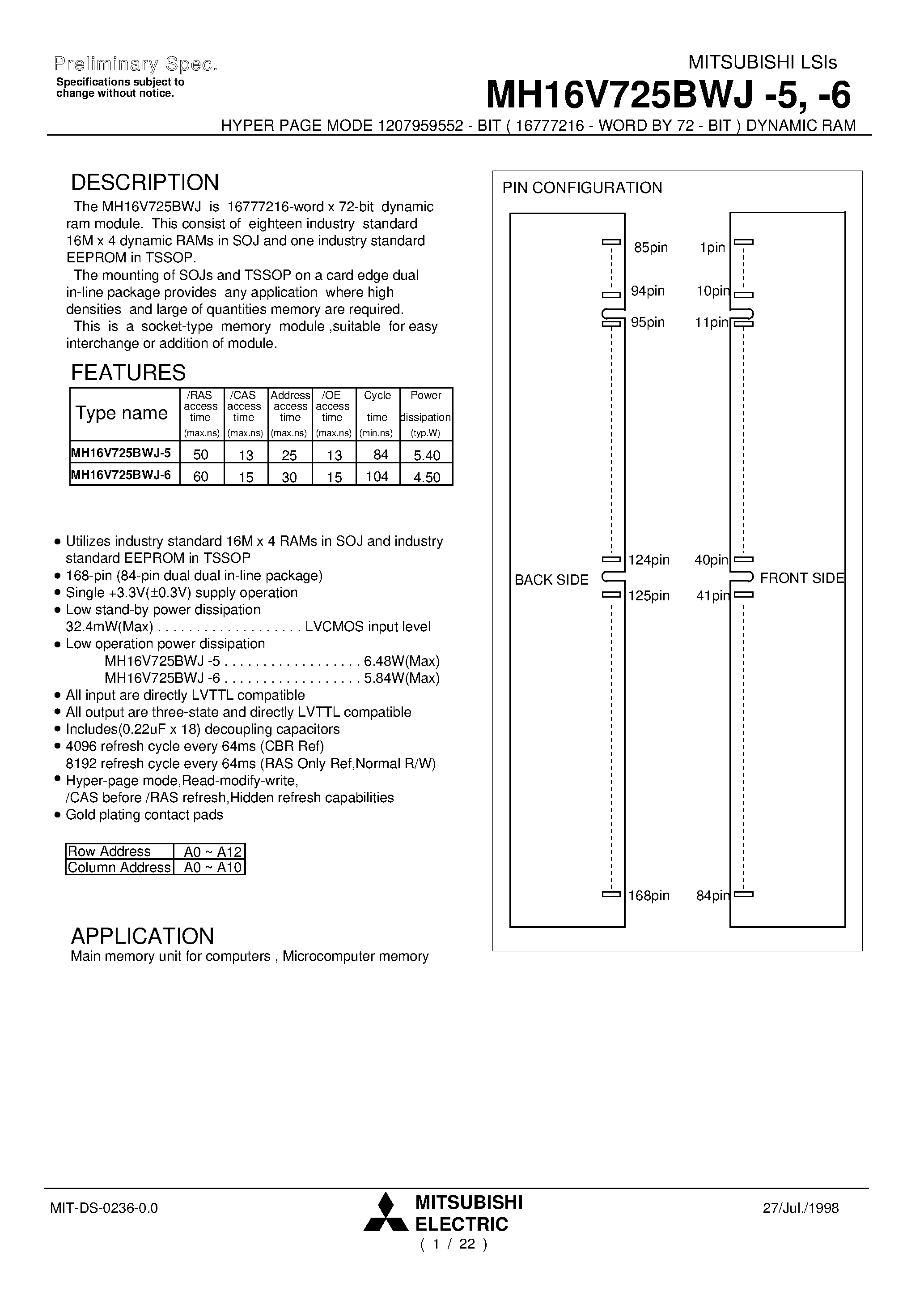 Datasheet MH16V725BWJ-5 - HYPER PAGE MODE 1207959552 - BIT ( 16777216 - WORD BY 72 - BIT ) DYNAMIC RAM page 1