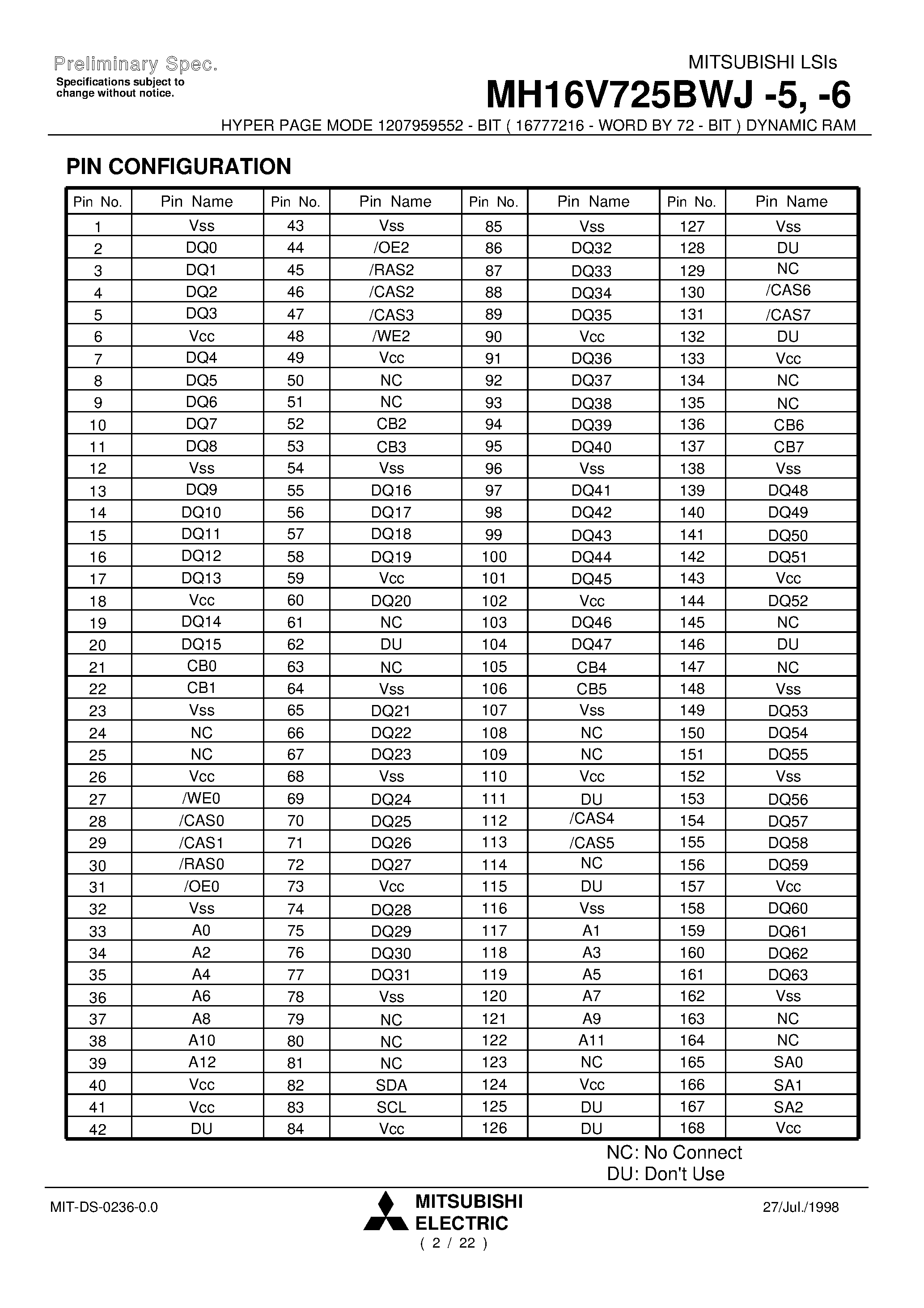 Datasheet MH16V725BWJ-5 - HYPER PAGE MODE 1207959552 - BIT ( 16777216 - WORD BY 72 - BIT ) DYNAMIC RAM page 2