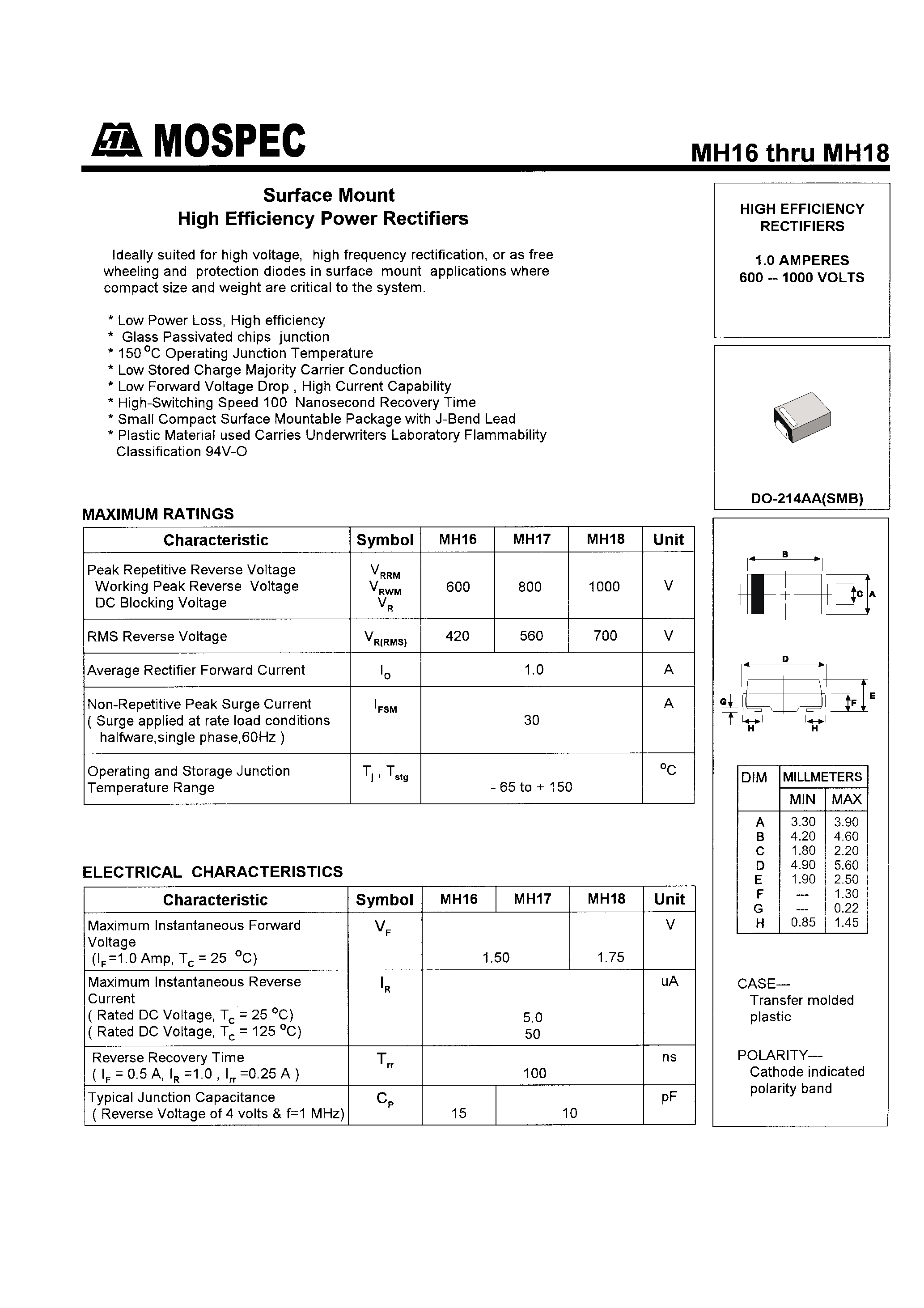 Datasheet MH18 page 1 Datasheet MH18 - HIGH EFFICIENCY RECTIFIERS(1.0A /600-1000V) page 1