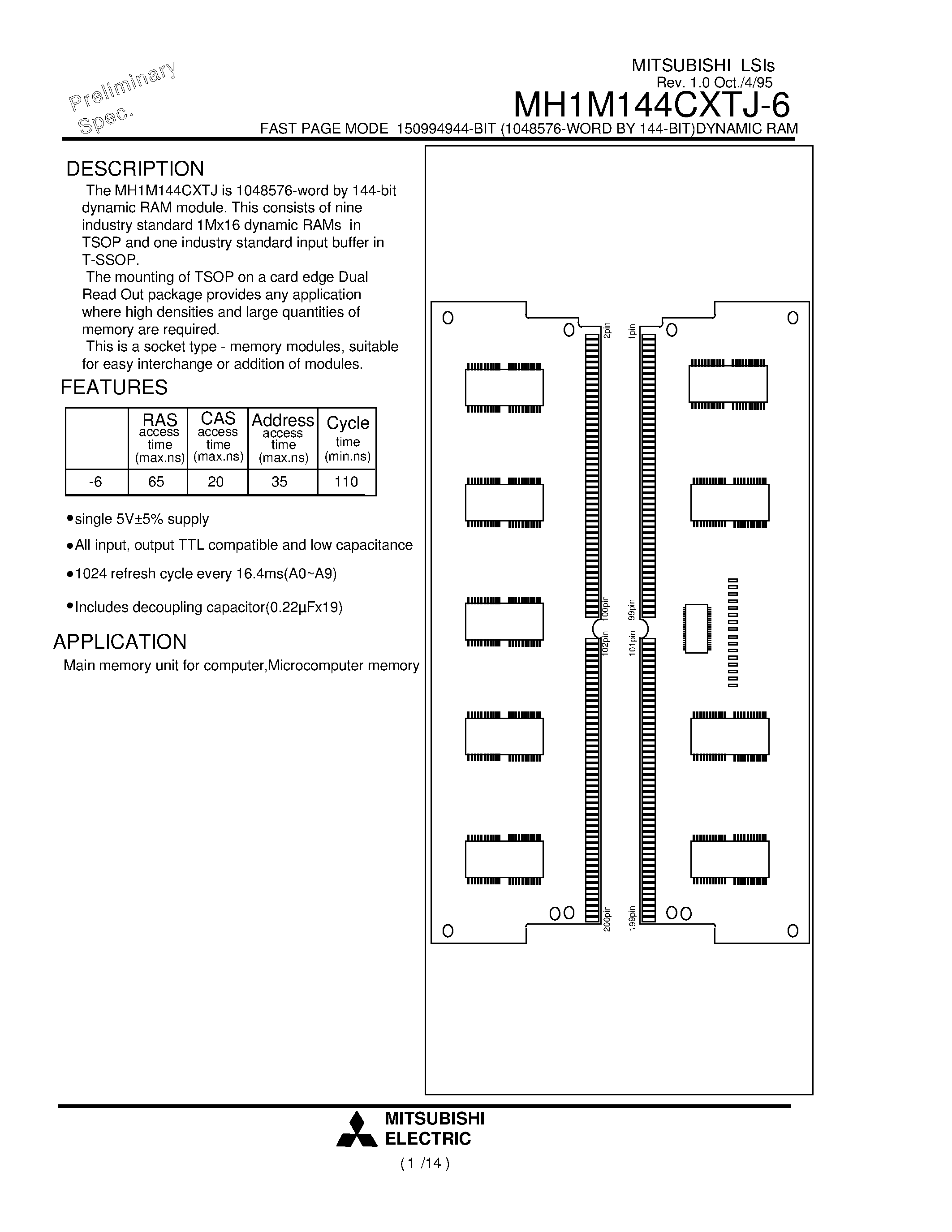 Datasheet MH1M144CXTJ-6 - FAST PAGE MODE 150994944-BIT (1048576-WORD BY 144-BIT)DYNAMIC RAM page 1