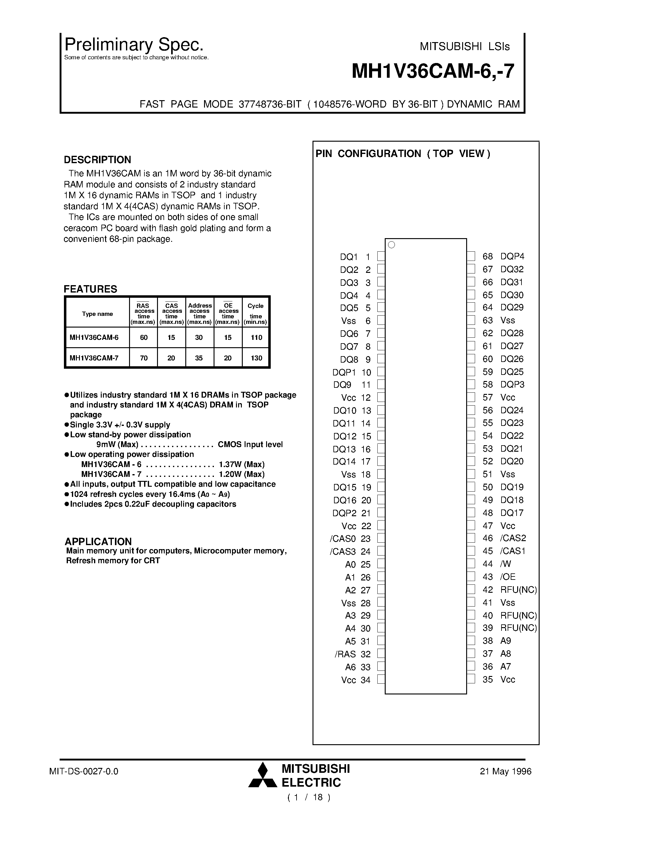 Datasheet MH1V36CAM-7 page 1 Datasheet MH1V36CAM-7 - FAST PAGE MODE 37748736-BIT ( 1048576-WORD BY 36-BIT ) DYNAMIC RAM page 1