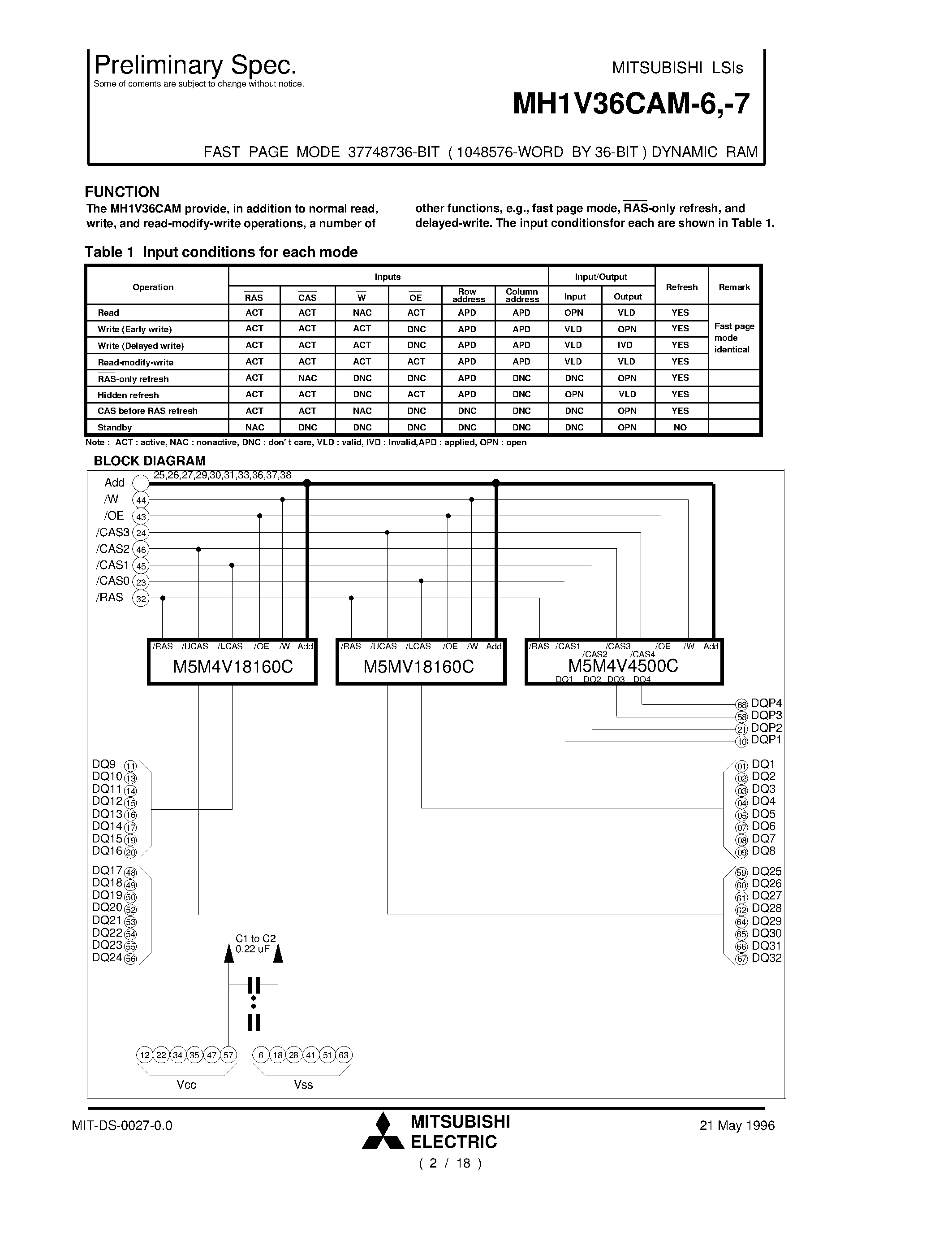 Datasheet MH1V36CAM-7 page 2 Datasheet MH1V36CAM-7 - FAST PAGE MODE 37748736-BIT ( 1048576-WORD BY 36-BIT ) DYNAMIC RAM page 2