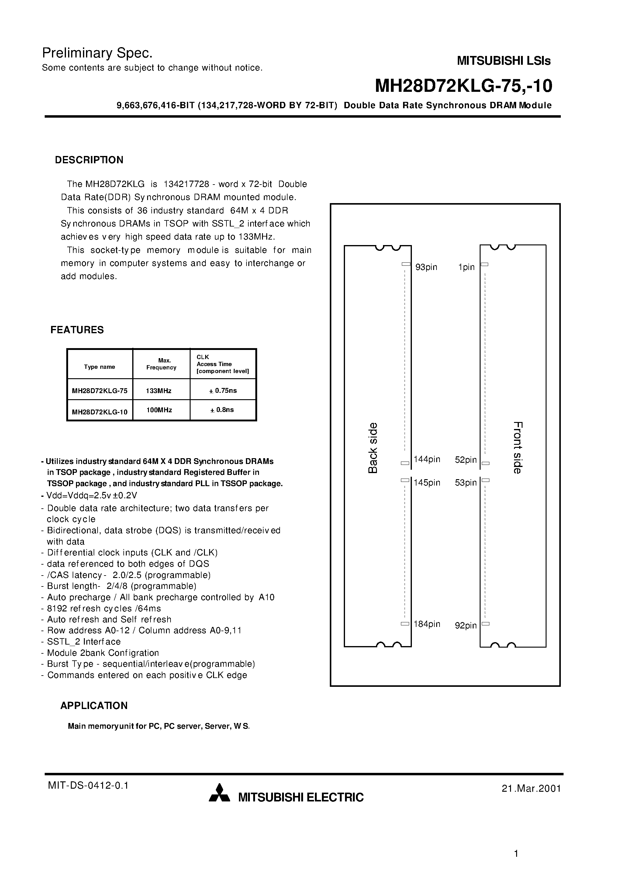 Datasheet MH28D72KLG-10 - 9 /663 /676 /416-BIT (134 /217 /728-WORD BY 72-BIT) Double Data Rate Synchronous DRAM Module page 1