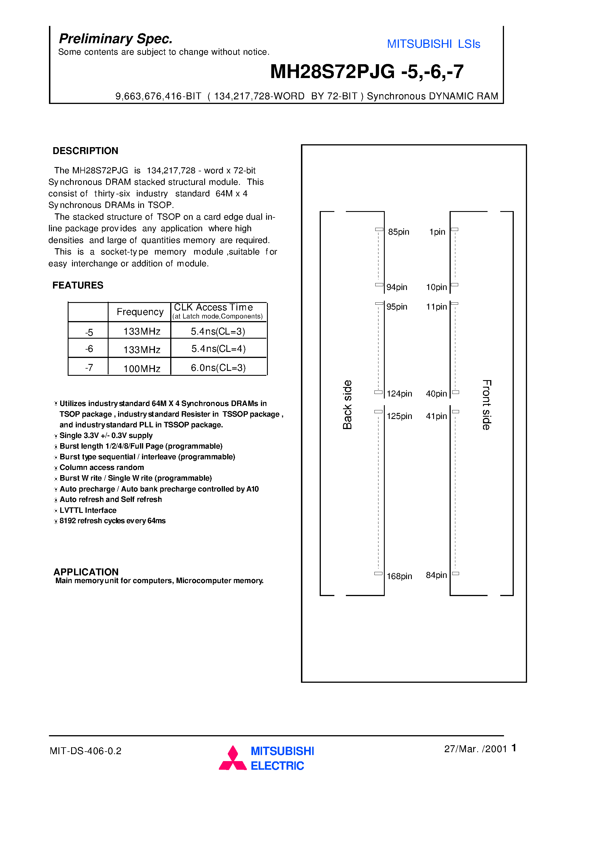 Datasheet MH28S72PJG-6 - 9 /663 /676 /416-BIT ( 134 /217 /728-WORD BY 72-BIT ) Synchronous DYNAMIC RAM page 1