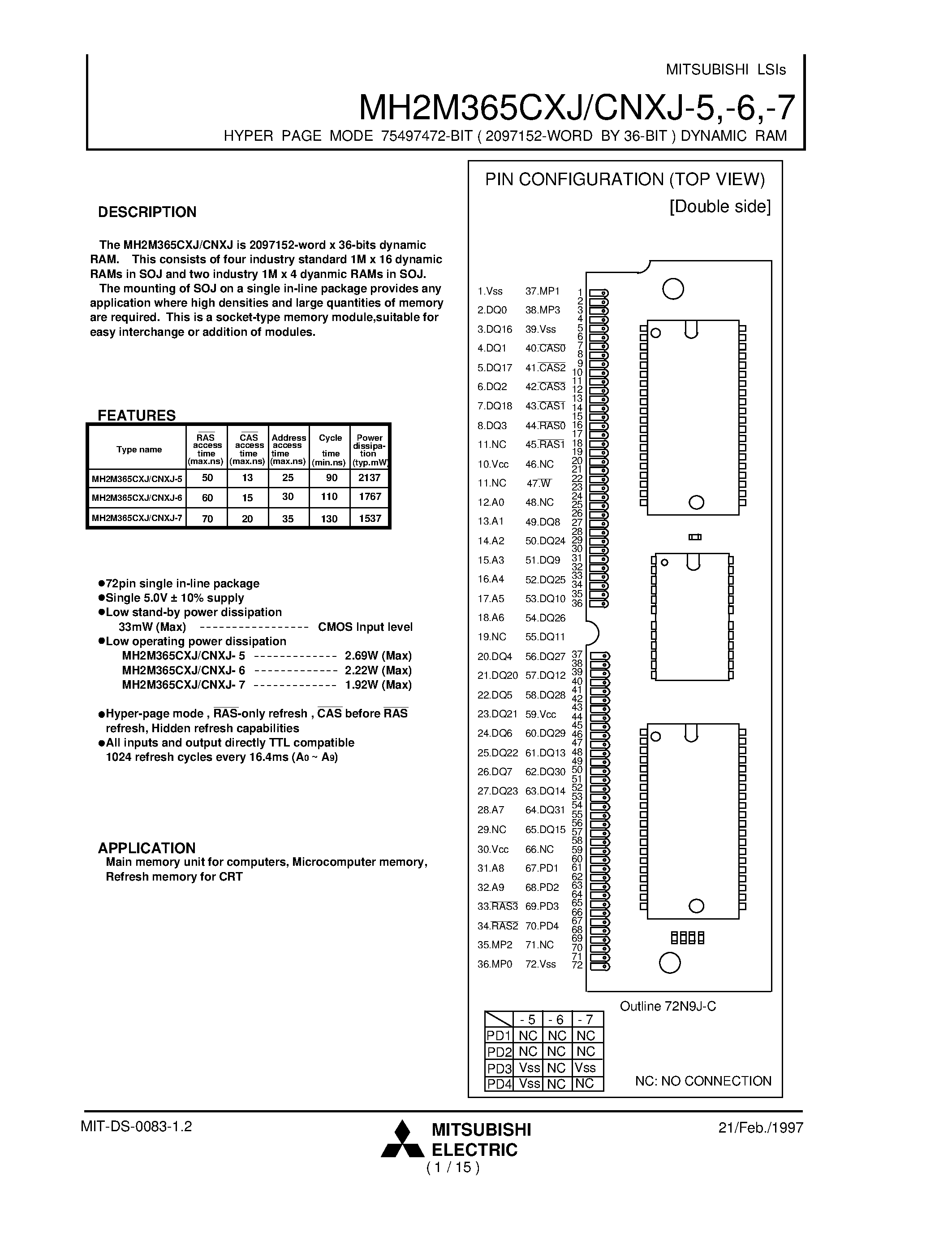 Datasheet MH2M365CXJ-6 page 1 Datasheet MH2M365CXJ-6 - HYPER PAGE MODE 75497472-BIT ( 2097152-WORD BY 36-BIT ) DYNAMIC RAM page 1