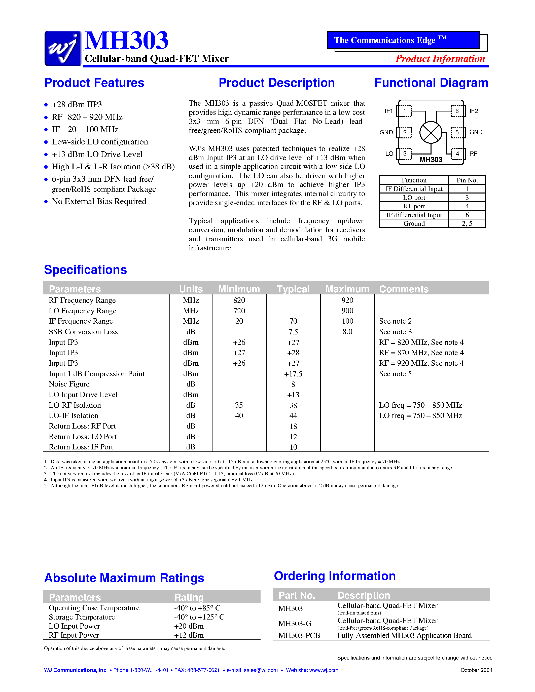 Даташит MH303-G - Cellular-band Quad-FET Mixer страница 1