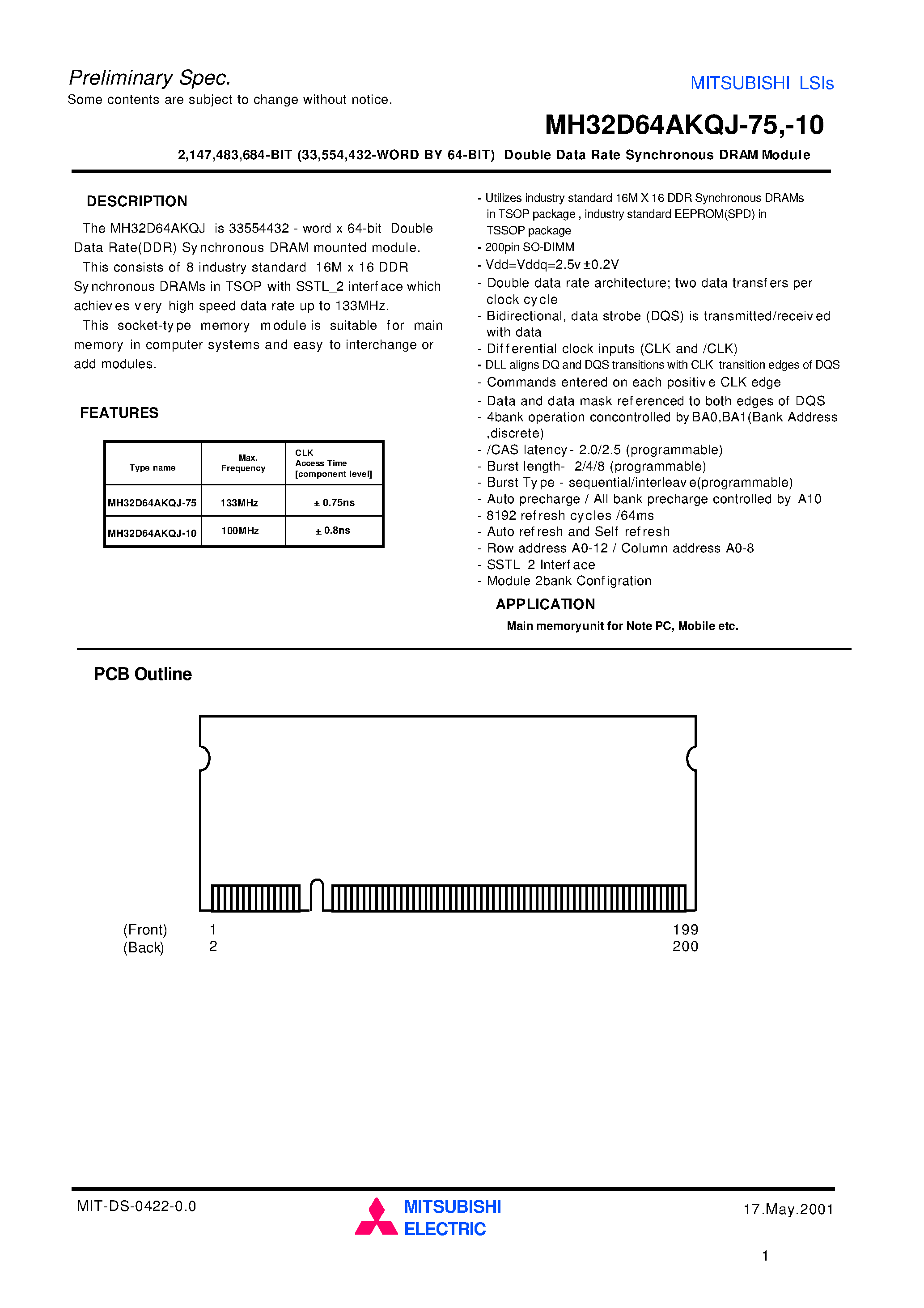 Datasheet MH32D64AKQJ-10 - 2 /147 /483 /684-BIT (33 /554 /432-WORD BY 64-BIT) Double Data Rate Synchronous DRAM Module page 1
