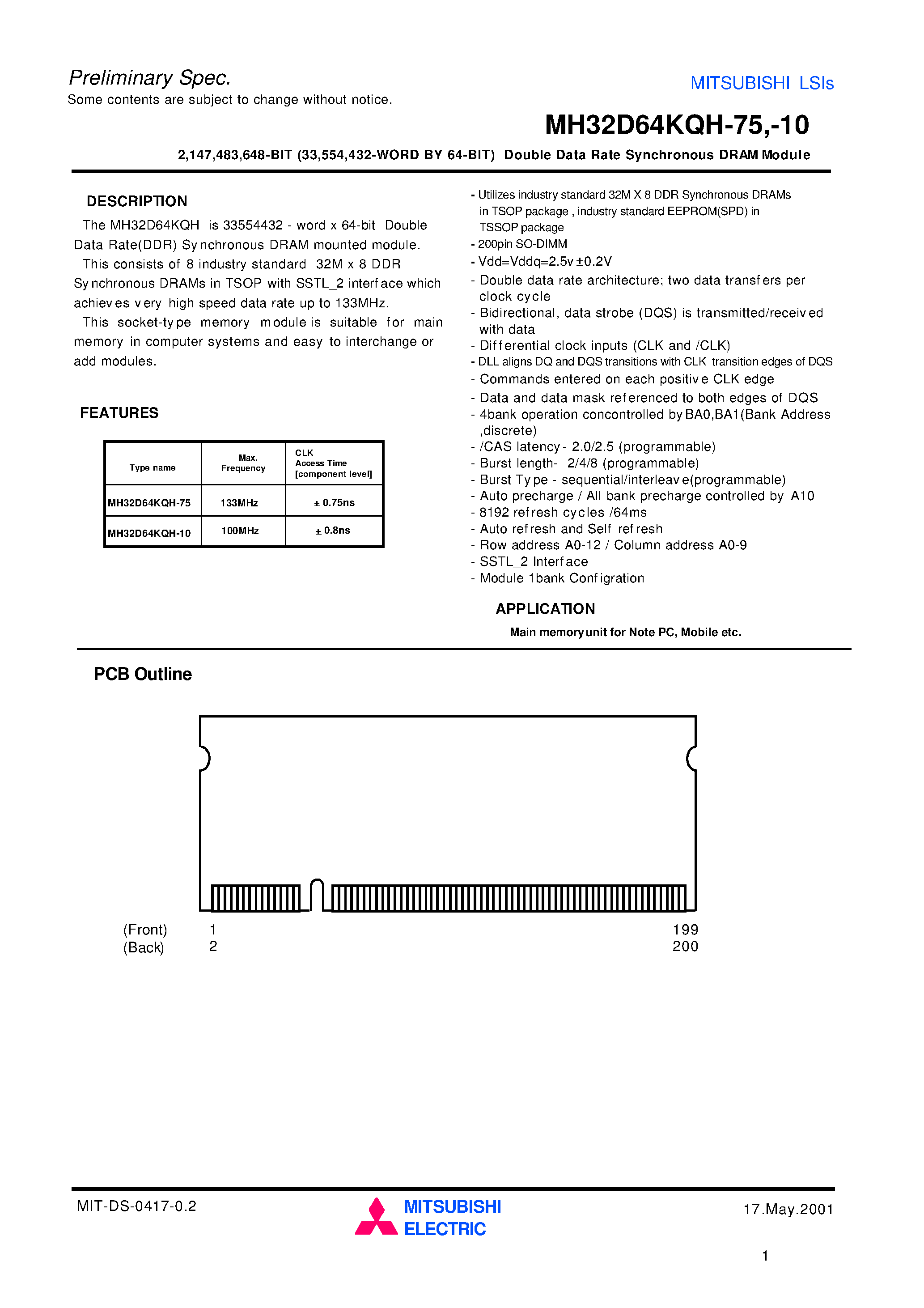 Datasheet MH32D64KQH-10 - 2 /147 /483 /648-BIT (33 /554 /432-WORD BY 64-BIT) Double Data Rate Synchronous DRAM Module page 1