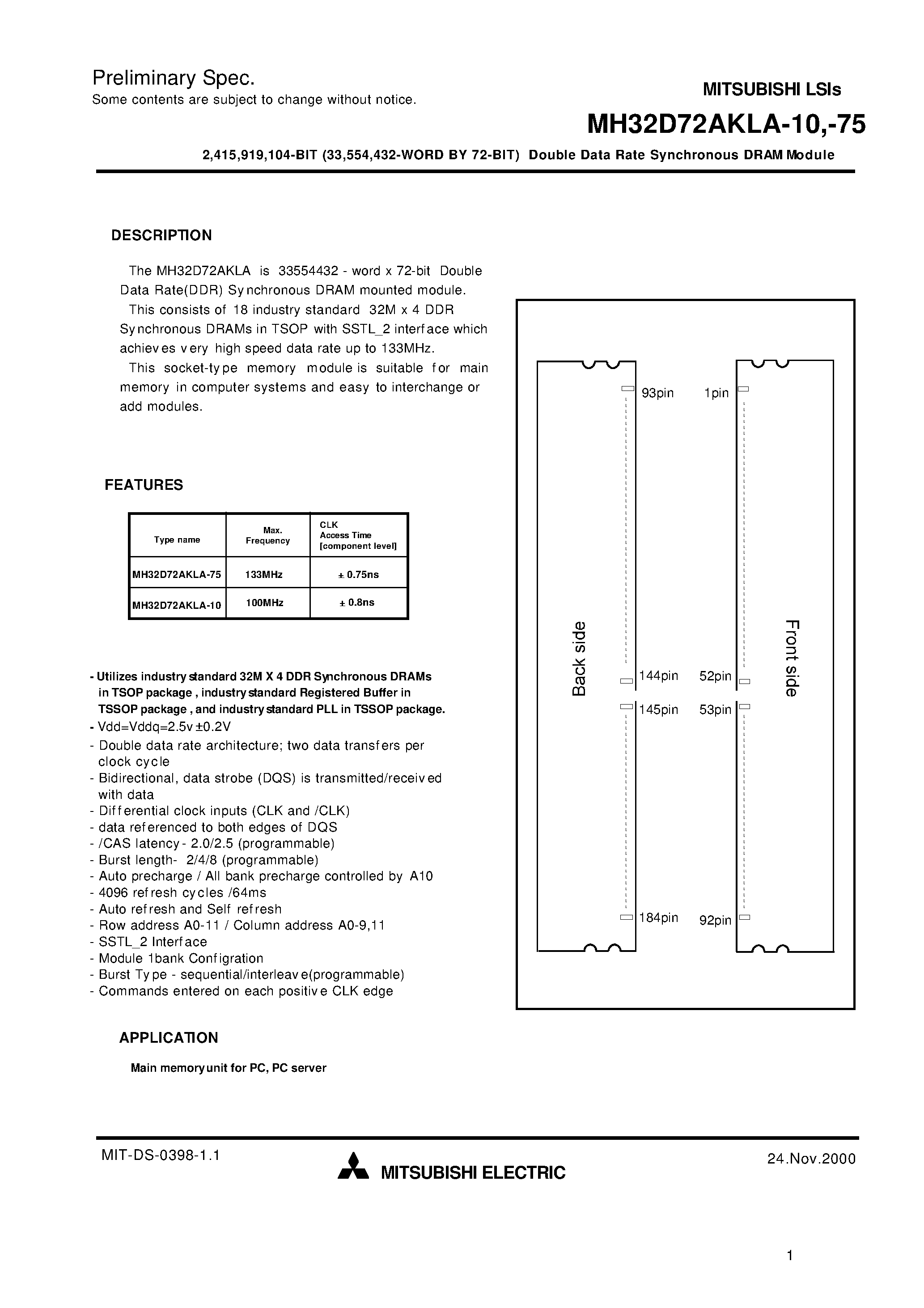 Datasheet MH32D72AKLA-10 - 2 /415 /919 /104-BIT (33 /554 /432-WORD BY 72-BIT) Double Data Rate Synchronous DRAM Module page 1