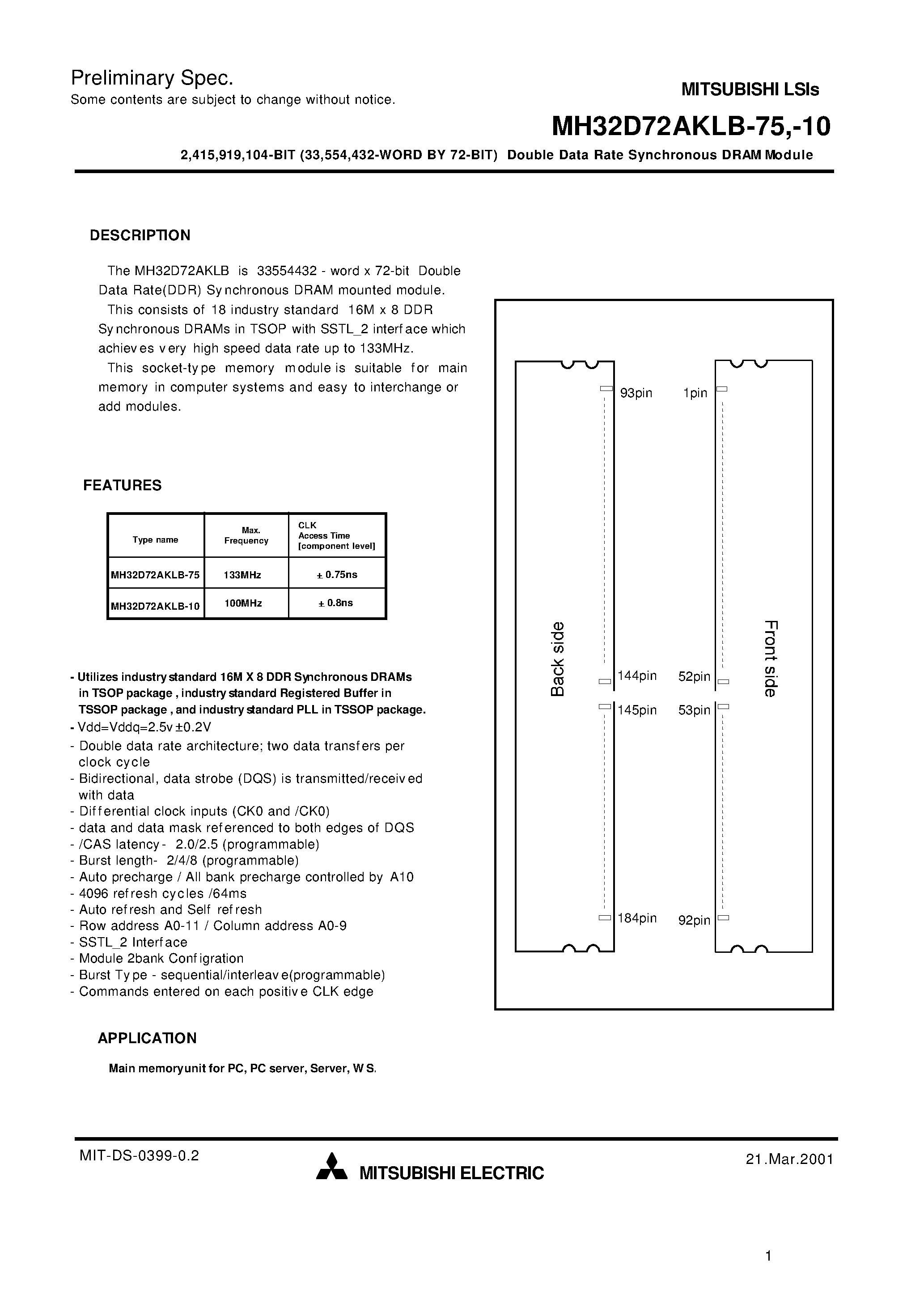 Datasheet MH32D72AKLB-10 - 2 /415 /919 /104-BIT (33 /554 /432-WORD BY 72-BIT) Double Data Rate Synchronous DRAM Module page 1
