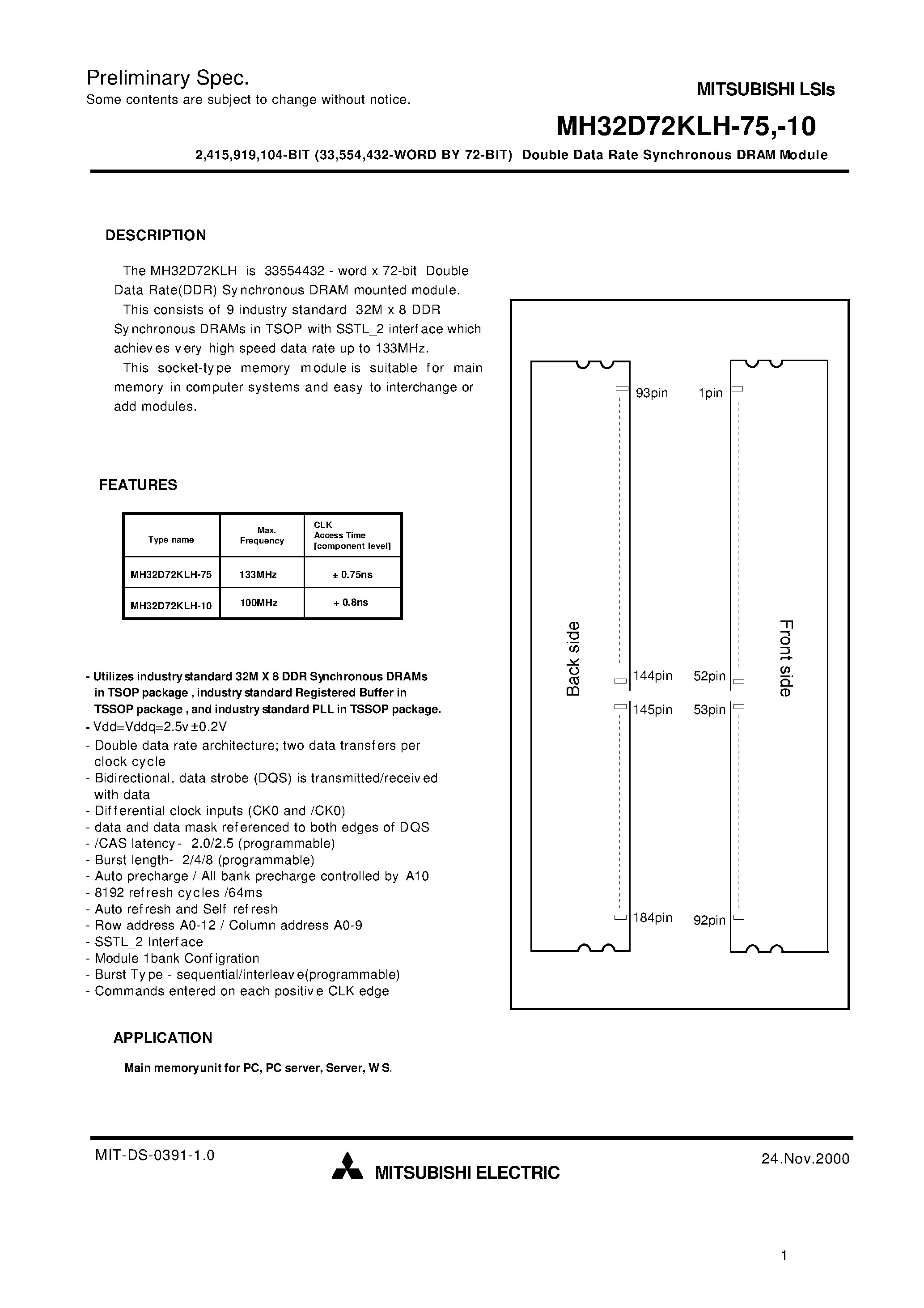 Datasheet MH32D72KLH-75 - 2 /415 /919 /104-BIT (33 /554 /432-WORD BY 72-BIT) Double Data Rate Synchronous DRAM Module page 1