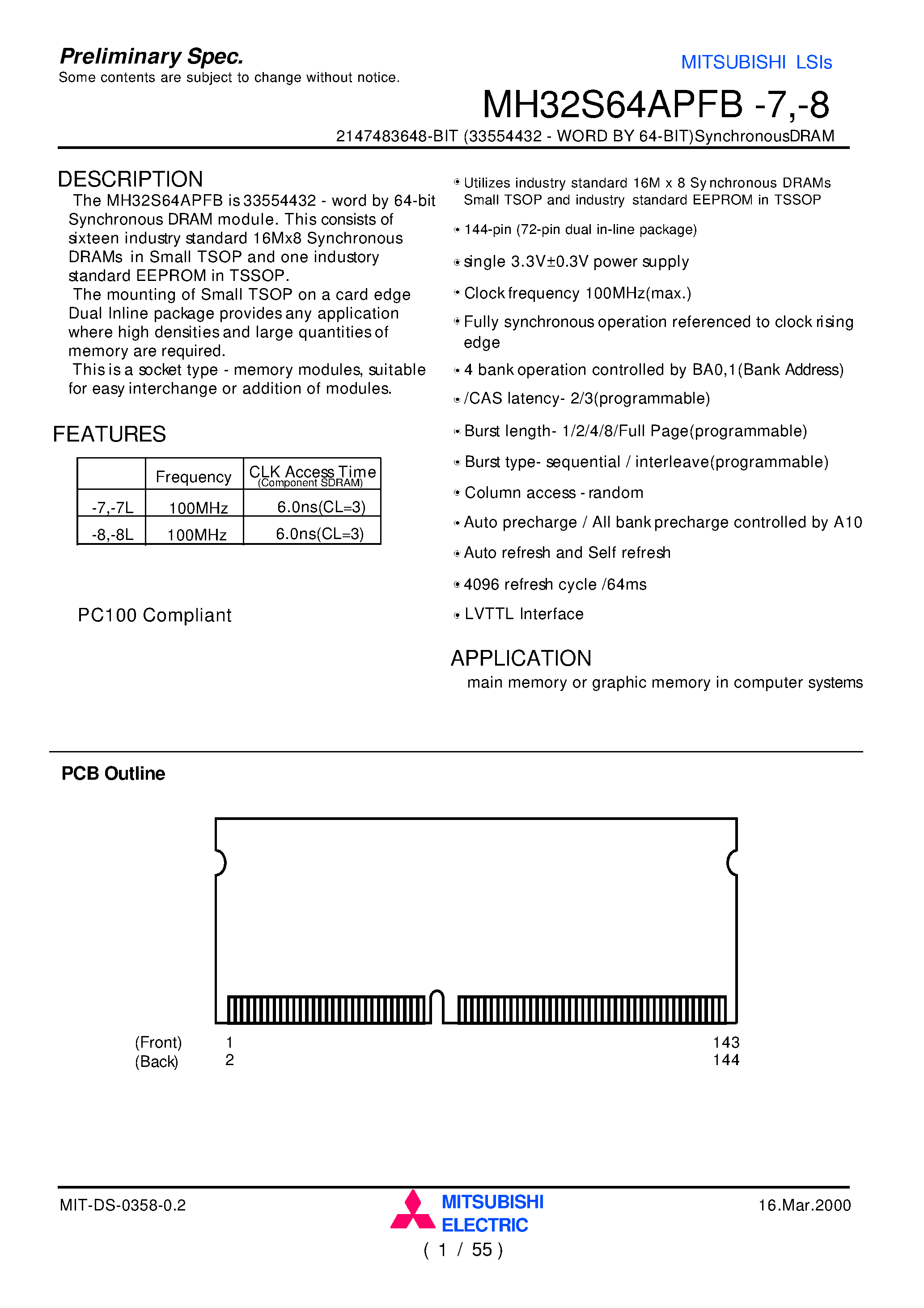 Datasheet MH32S64APFB-7 - 2147483648-BIT (33554432 - WORD BY 64-BIT)SynchronousDRAM page 1