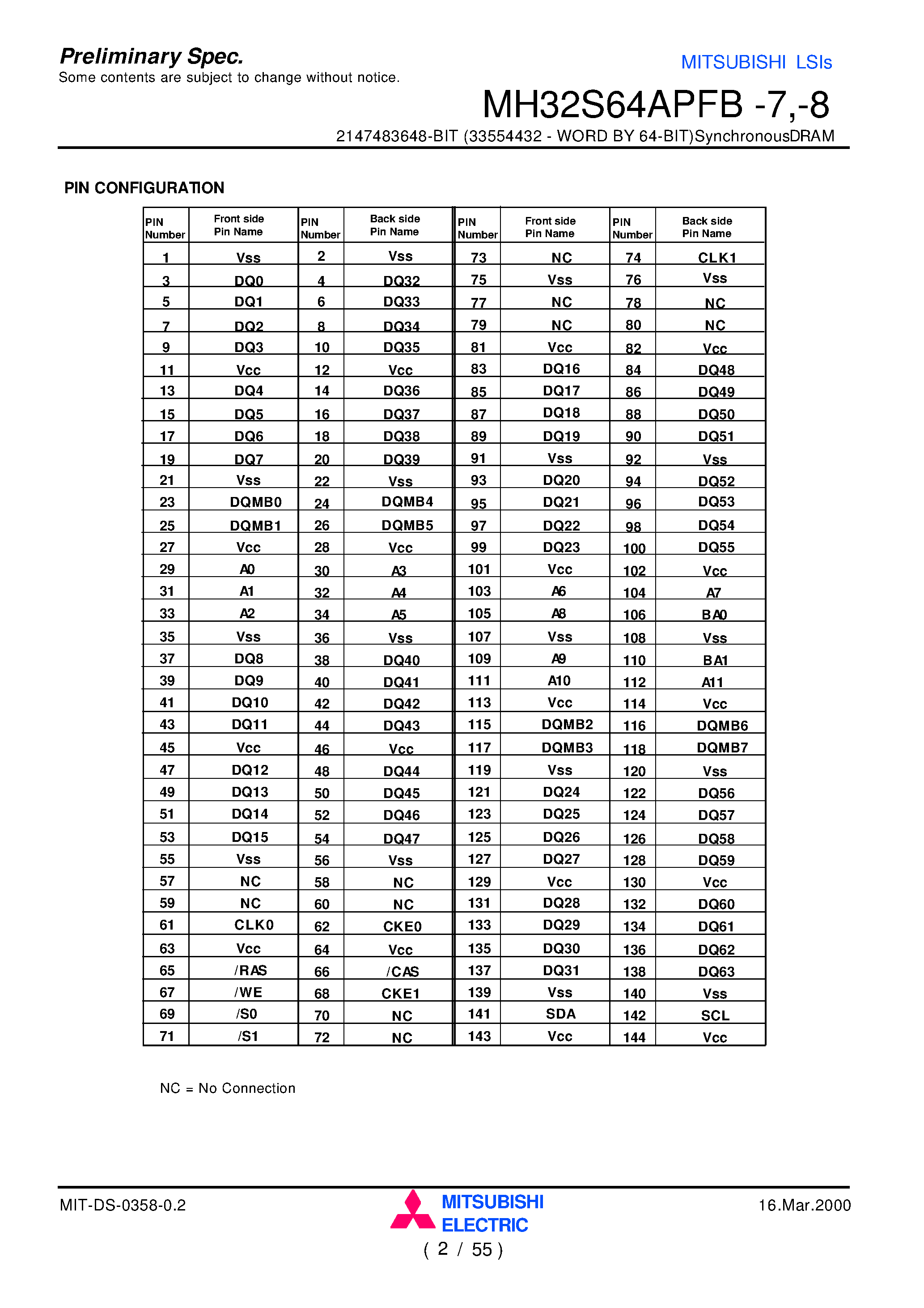 Datasheet MH32S64APFB-8 - 2147483648-BIT (33554432 - WORD BY 64-BIT)SynchronousDRAM page 2