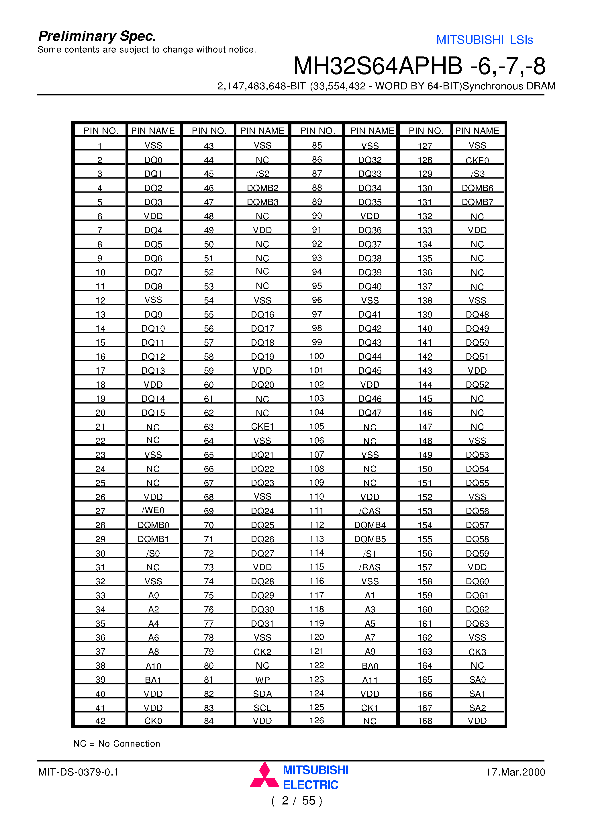 Datasheet MH32S64APHB-6 - 2 /147 /483 /648-BIT (33 /554 /432 - WORD BY 64-BIT)Synchronous DRAM page 2