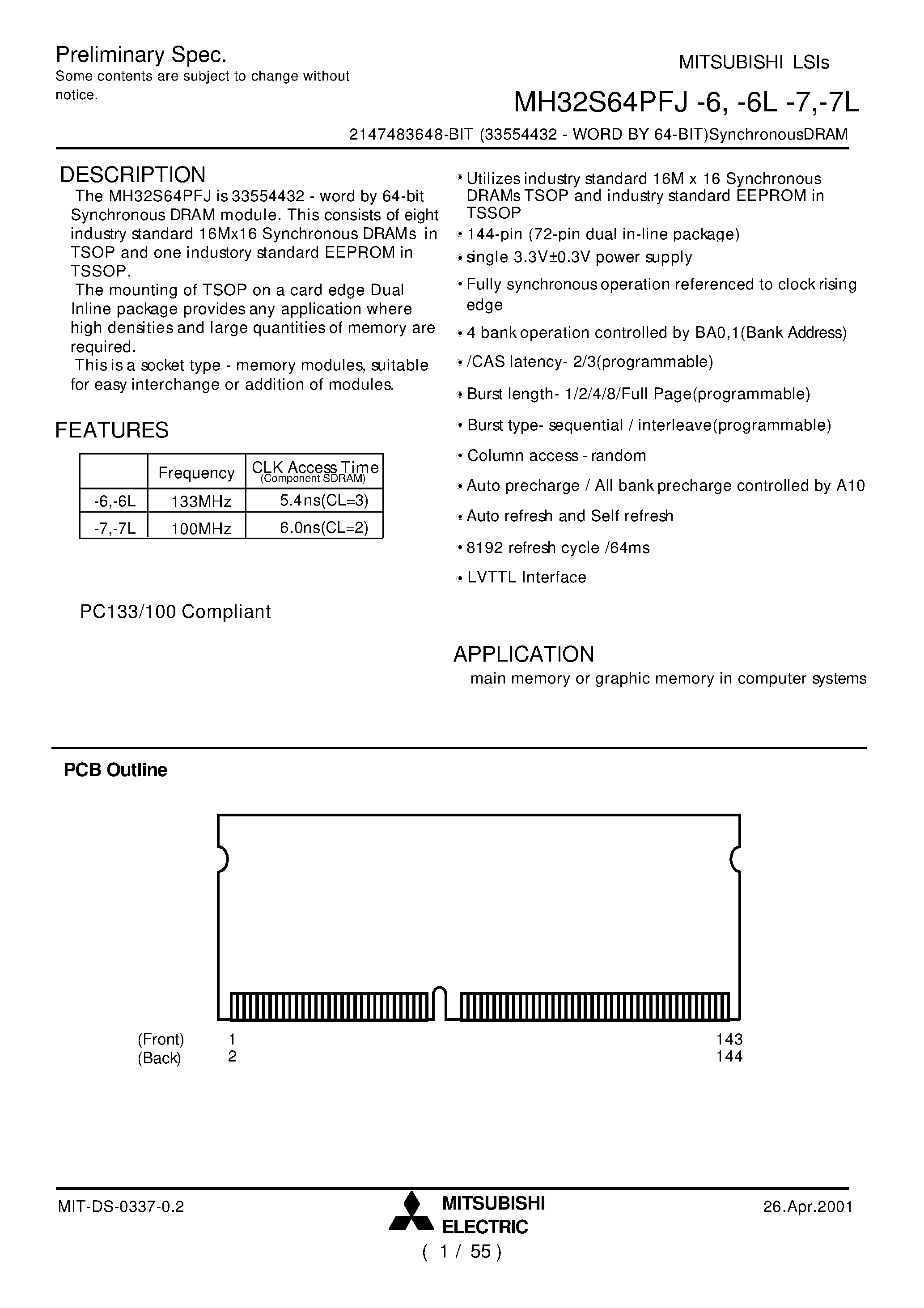 Datasheet MH32S64PFJ-6 - 2147483648-BIT (33554432 - WORD BY 64-BIT)SynchronousDRAM page 1