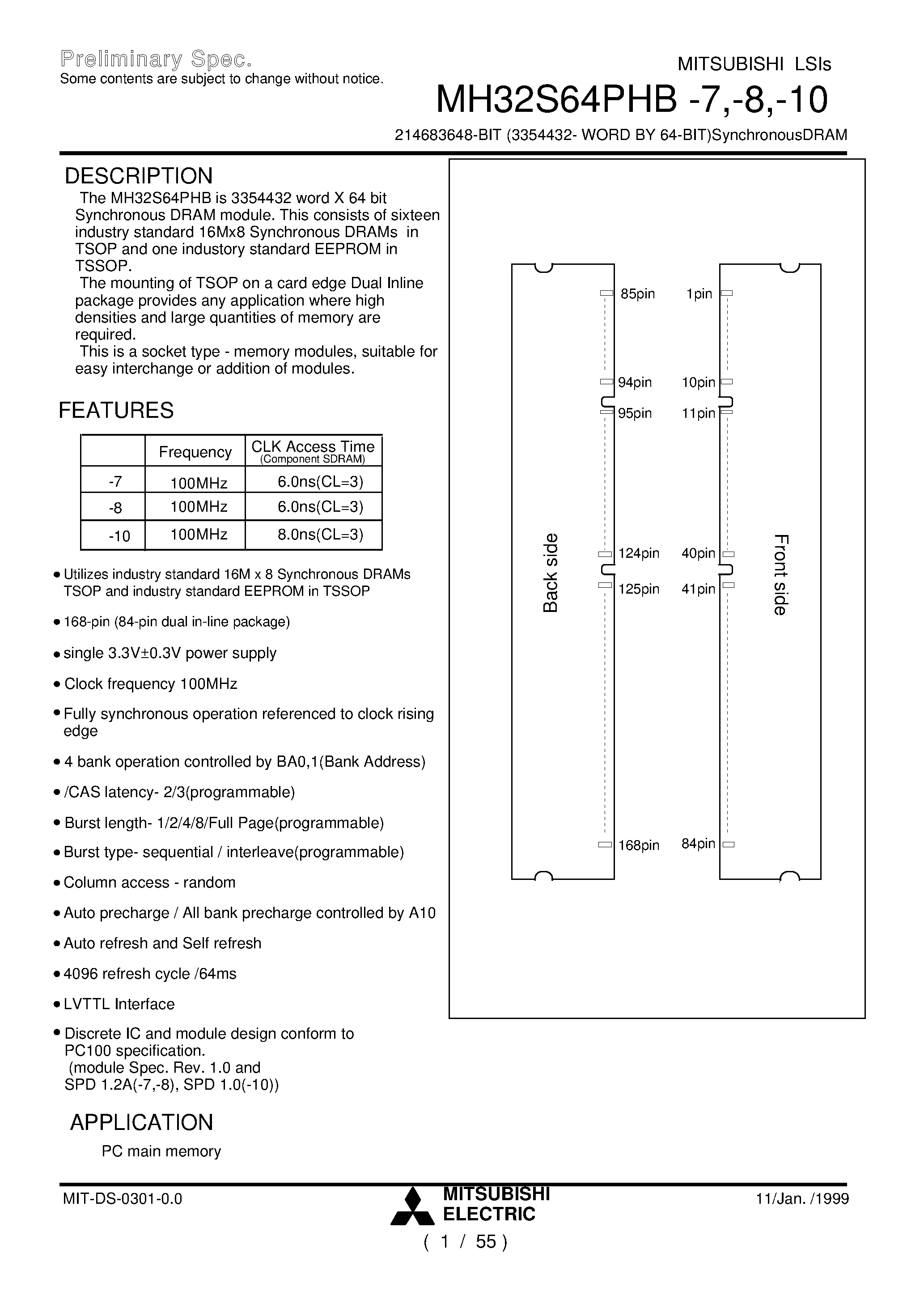 Даташит MH32S64PHB-8 - 214683648-BIT (3354432- WORD BY 64-BIT)SynchronousDRAM страница 1